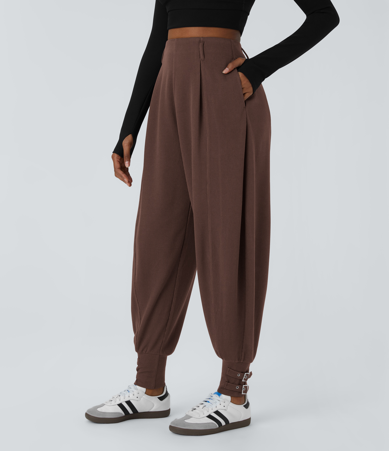 Halara Ribbed High Waisted Side Pocket Adjustable Buckle Hem Casual Joggers  - Chestnut - XS(regular) 