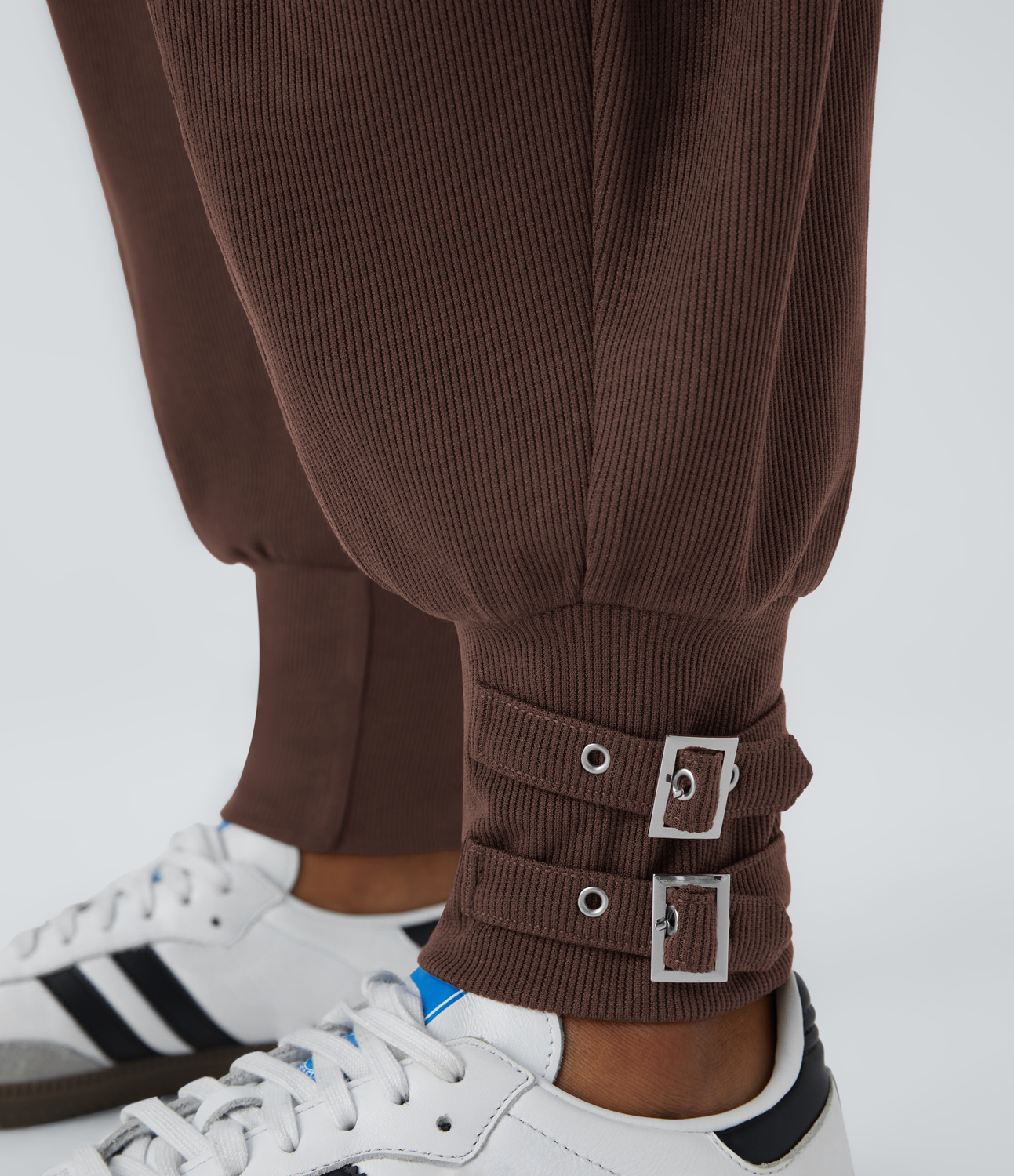 Halara Ribbed High Waisted Side Pocket Adjustable Buckle Hem Casual Joggers  - Chestnut - XS(regular) 