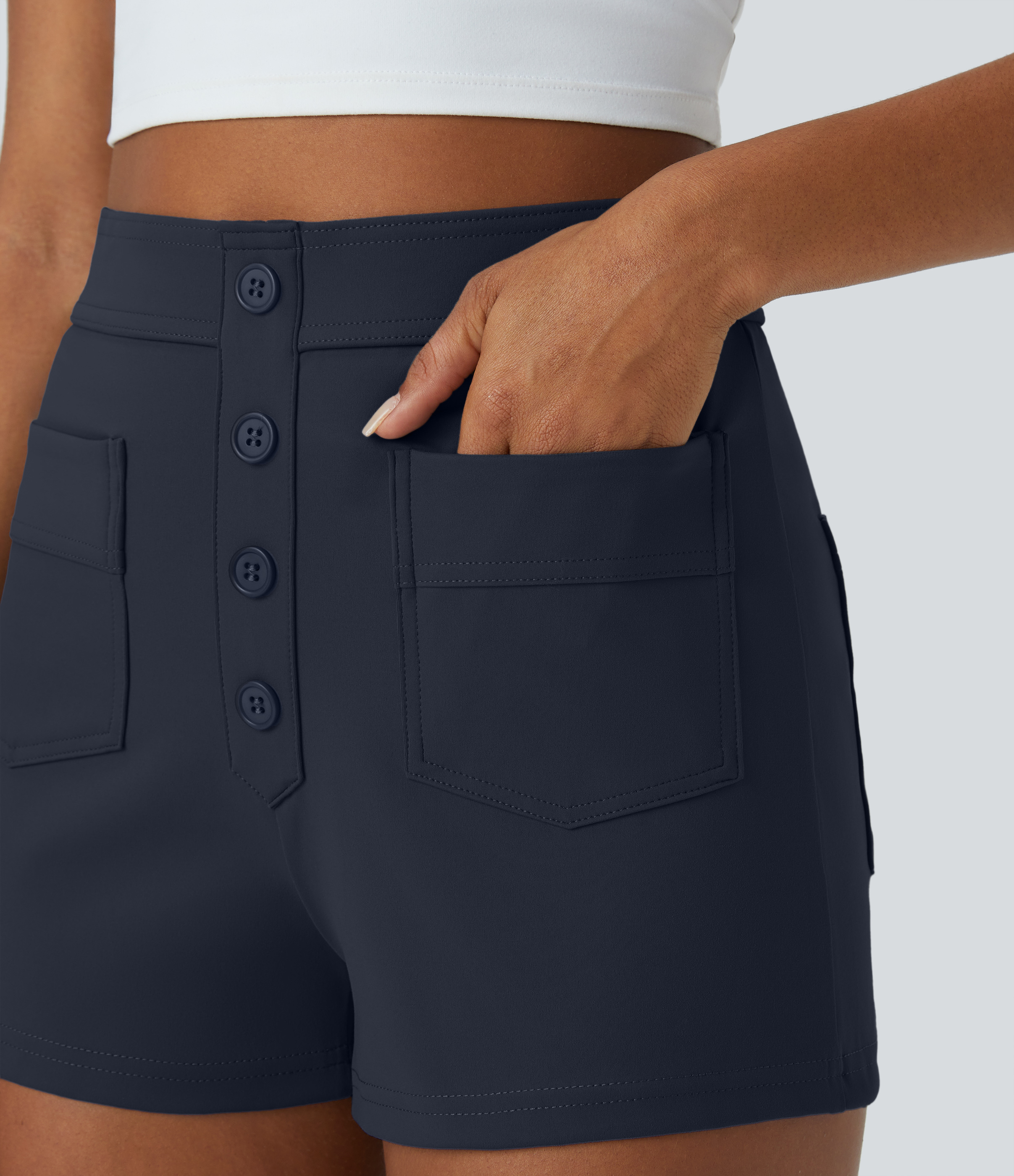 Halara High Waisted Button Multiple Pockets Casual Shorts 2.5``  - Midnight Blue - XS 
