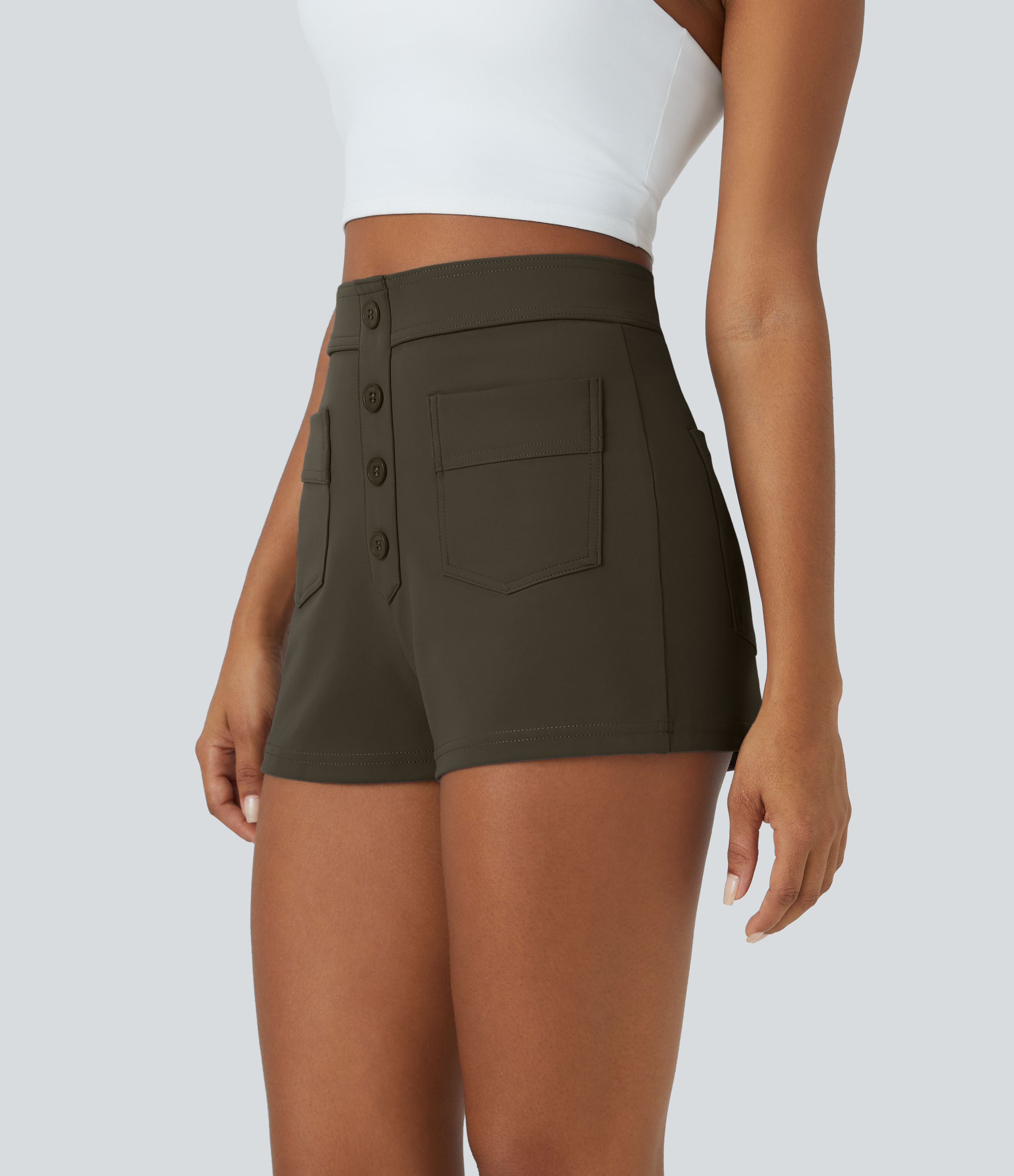Halara High Waisted Button Multiple Pockets Casual Shorts 2.5``  - Forest Night - S 