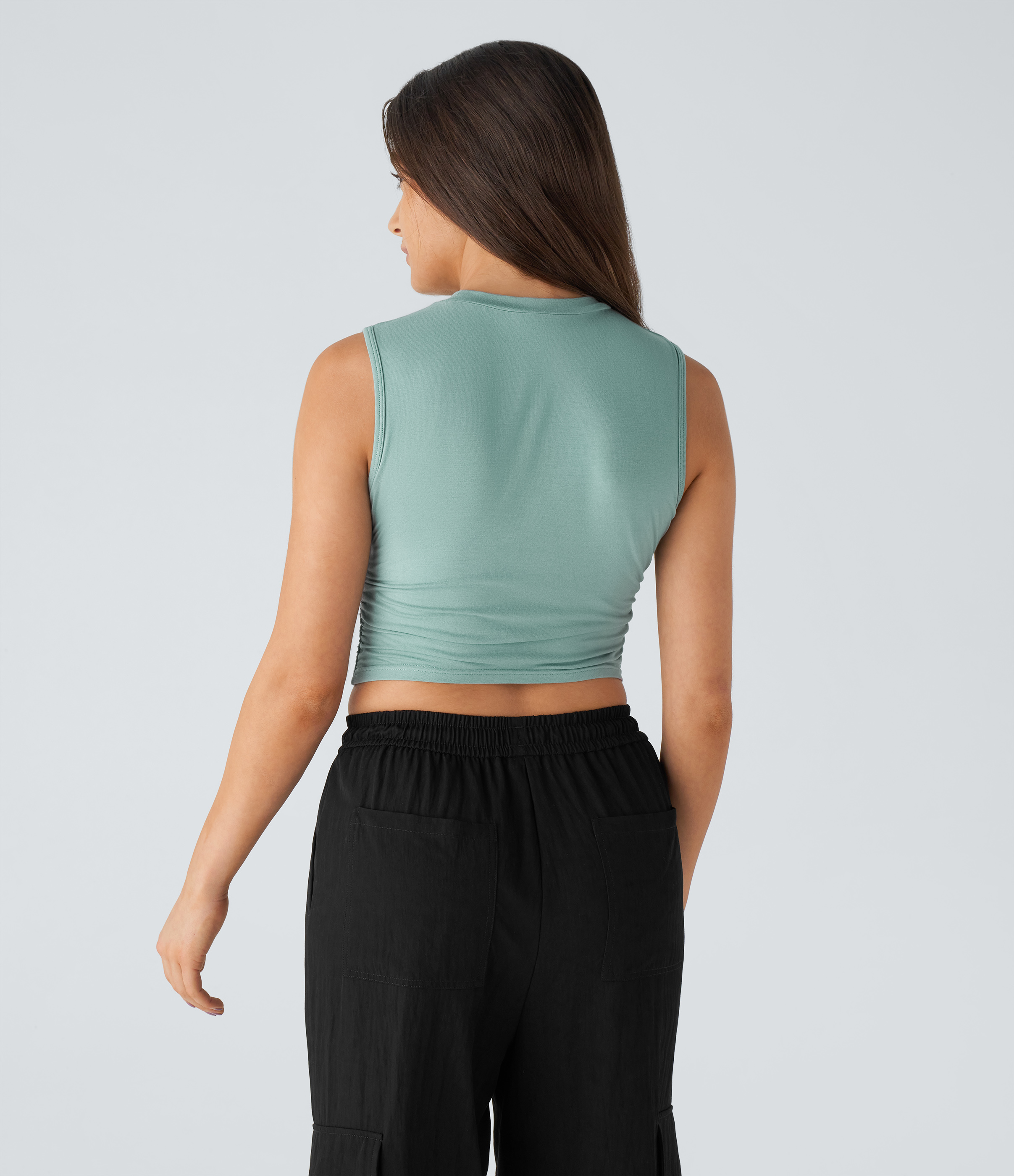 Halara Round Neck Ruched Skinny Cropped Casual Tank Top Tank Top - Azure - S golf tops halter top tunic tops sleeveless tops backless top 