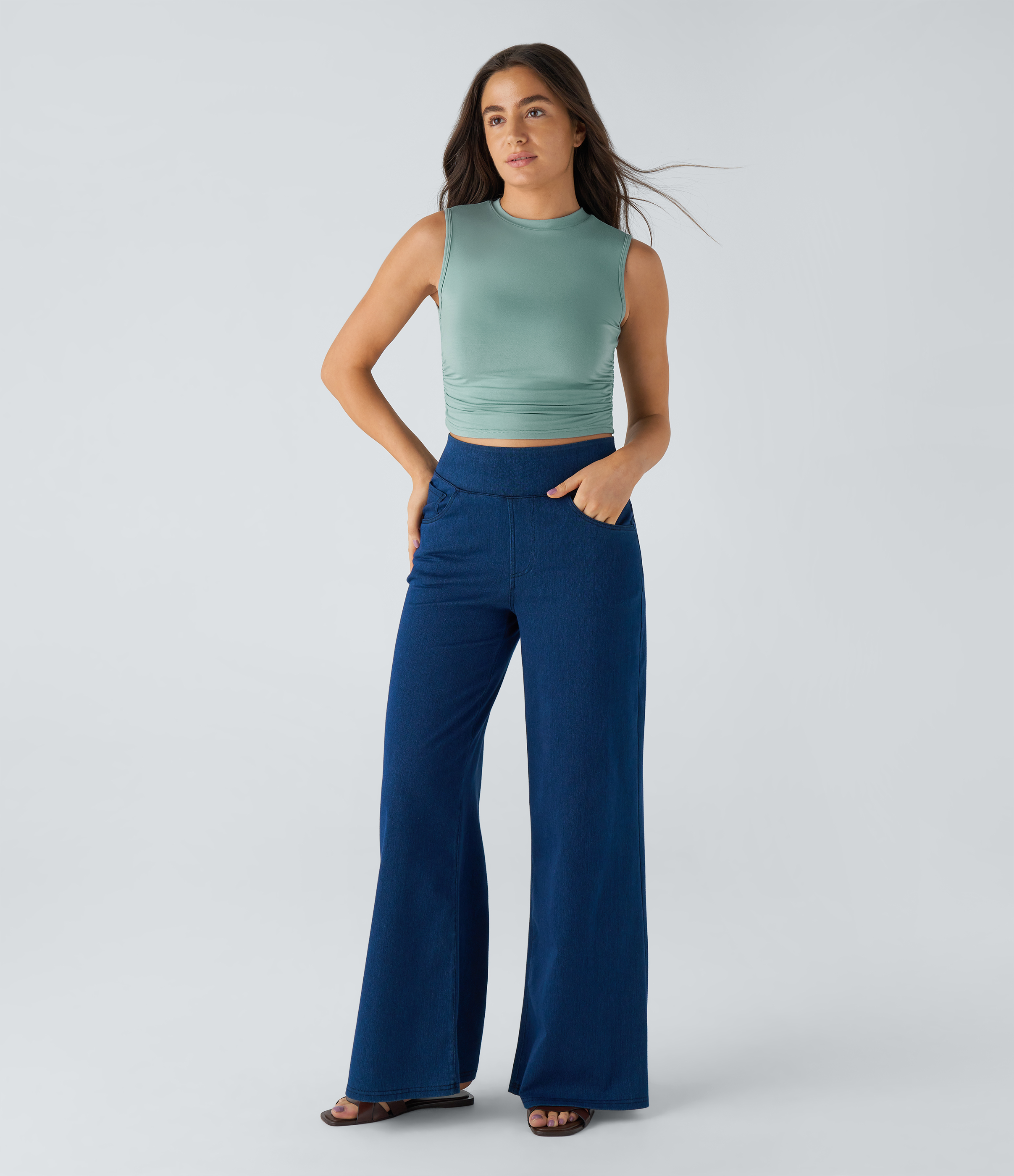 Halara Round Neck Ruched Skinny Cropped Casual Tank Top Tank Top - Azure - S golf tops halter top tunic tops sleeveless tops backless top 
