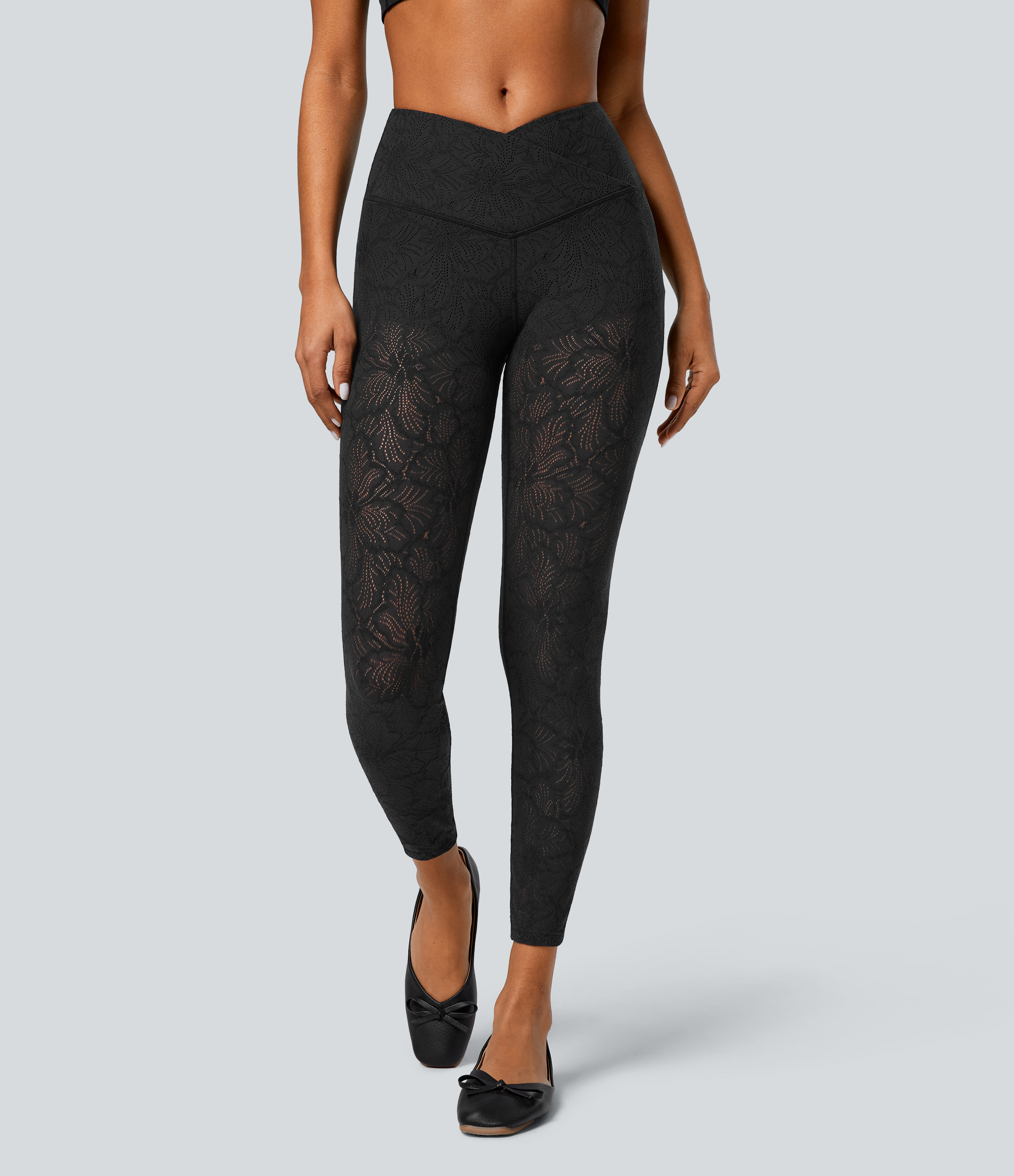 Halara High Waisted Crossover 2-in-1 7/8 Lace Casual Leggings  - Black - XS(7/8) 