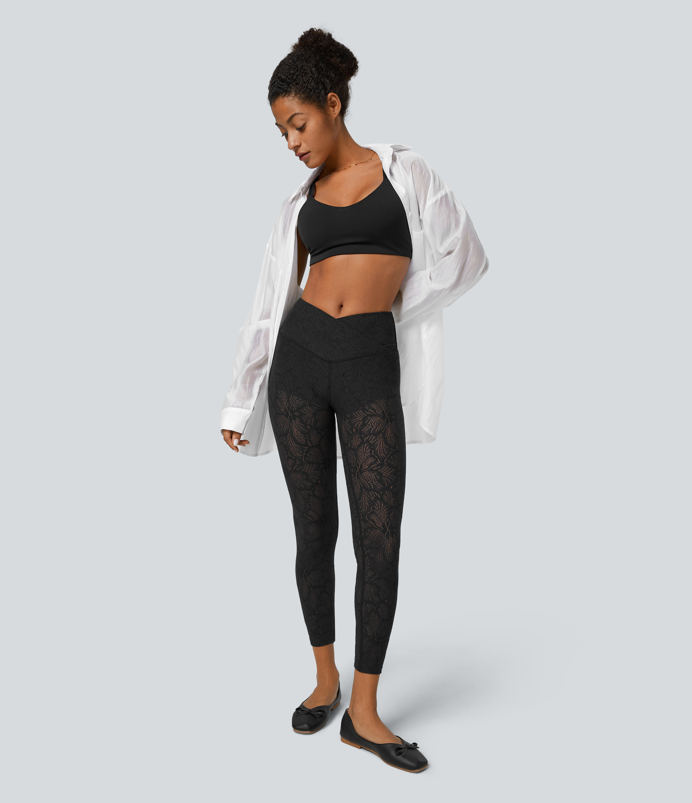 Halara High Waisted Crossover 2-in-1 7/8 Lace Casual Leggings  - Black - XS(7/8) 