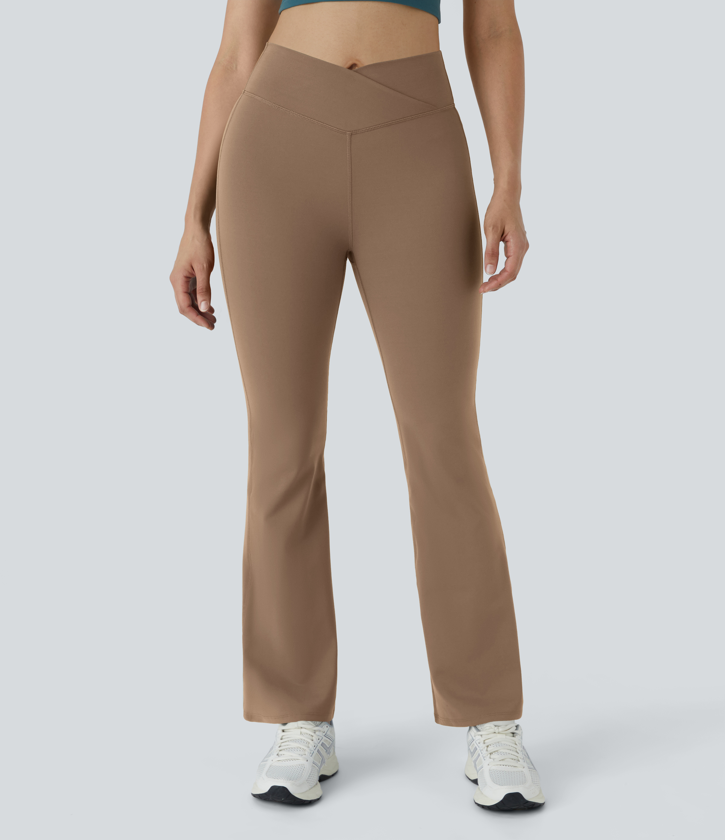 Halara High Waisted Crossover Flare Yoga Leggings  - Burro - S(petite) gym leggings leggings with pockets leggings with butt lift 