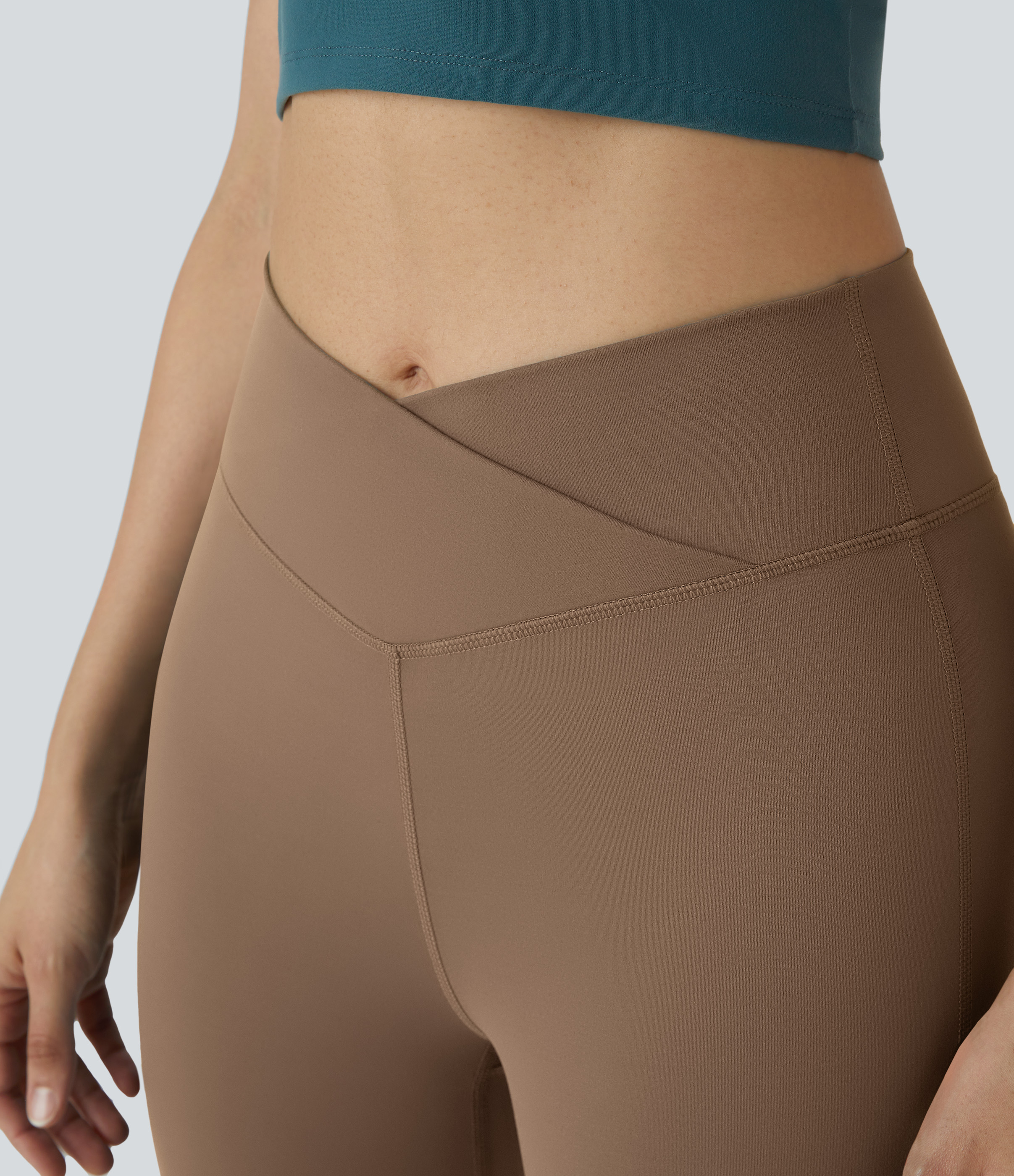 Halara High Waisted Crossover Flare Yoga Leggings  - Burro - S(petite) gym leggings leggings with pockets leggings with butt lift 