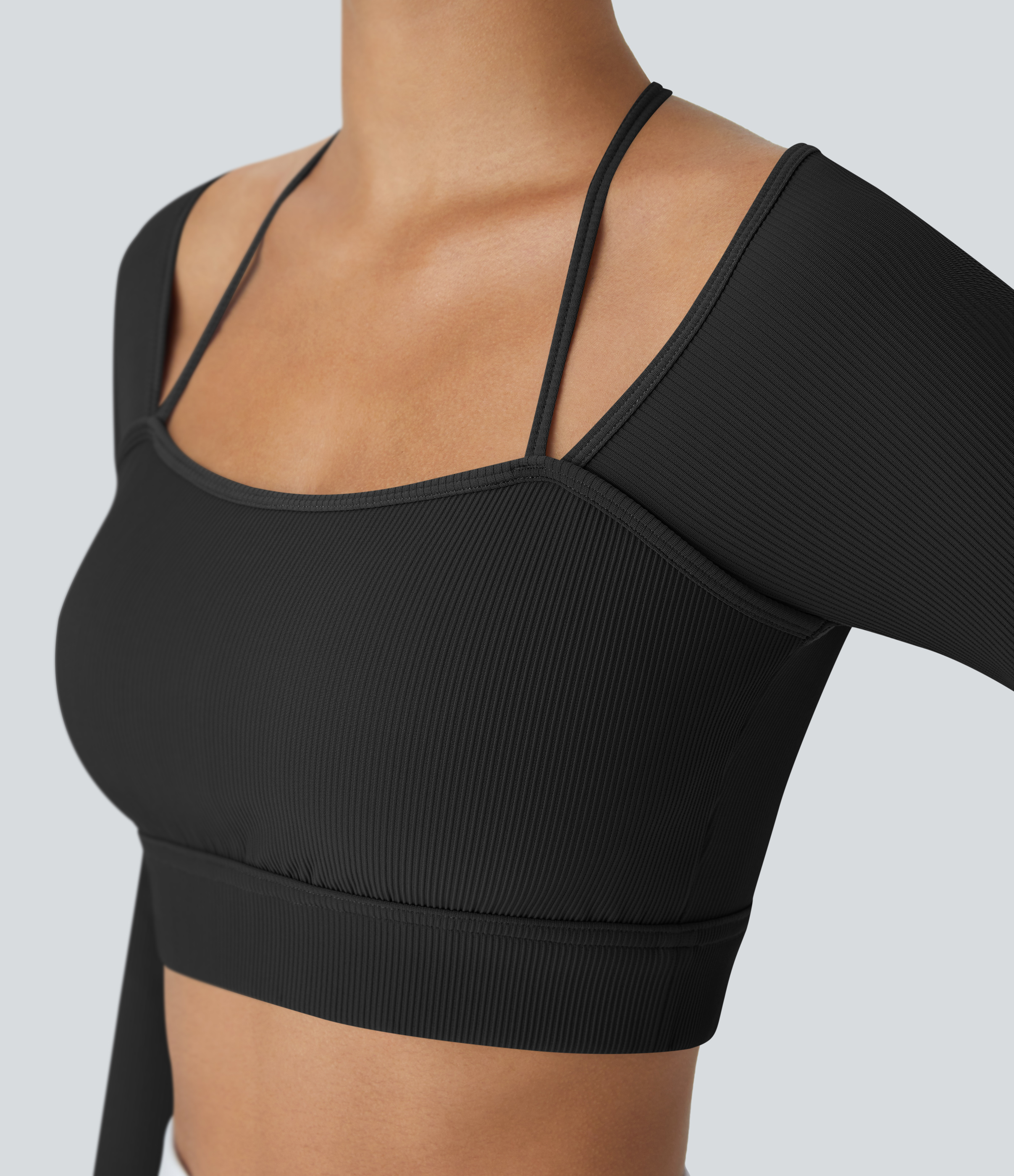 Halara Ribbed Halter Strap Thumb Hole Cropped Yoga Sports Top  - Black - XS 