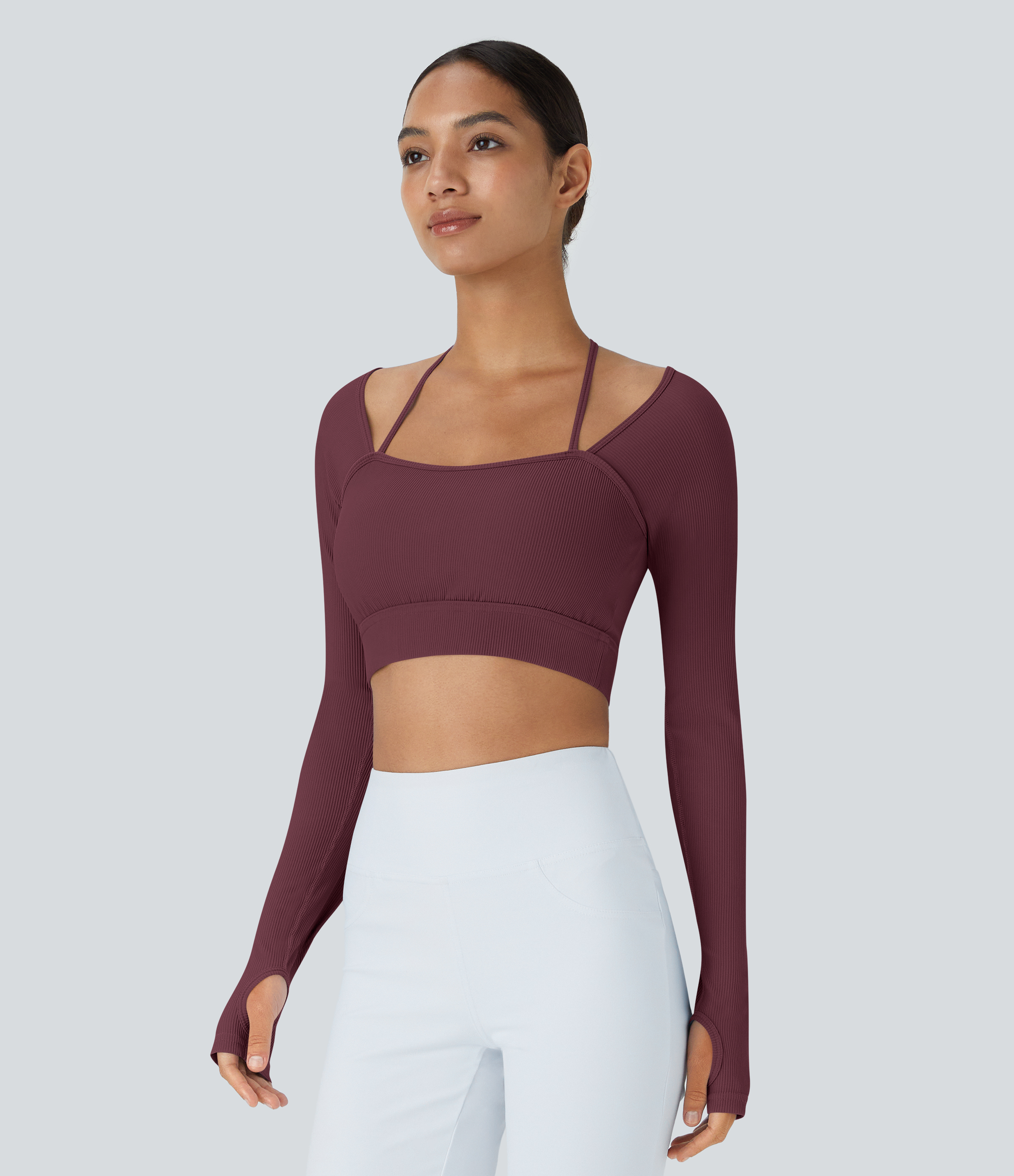Halara Ribbed Halter Strap Thumb Hole Cropped Yoga Sports Top  - Andorra - S 
