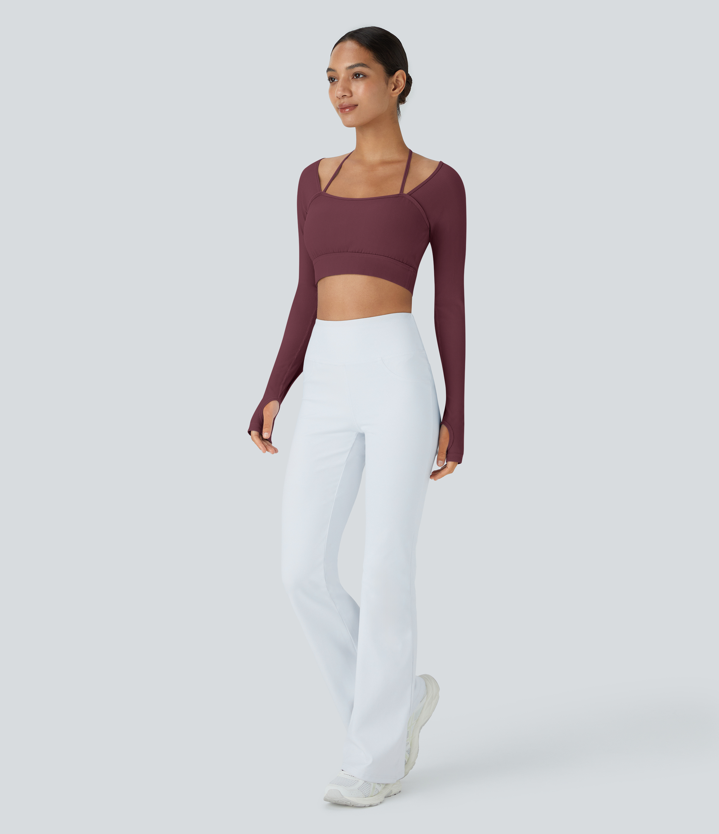 Halara Ribbed Halter Strap Thumb Hole Cropped Yoga Sports Top  - Andorra - S 