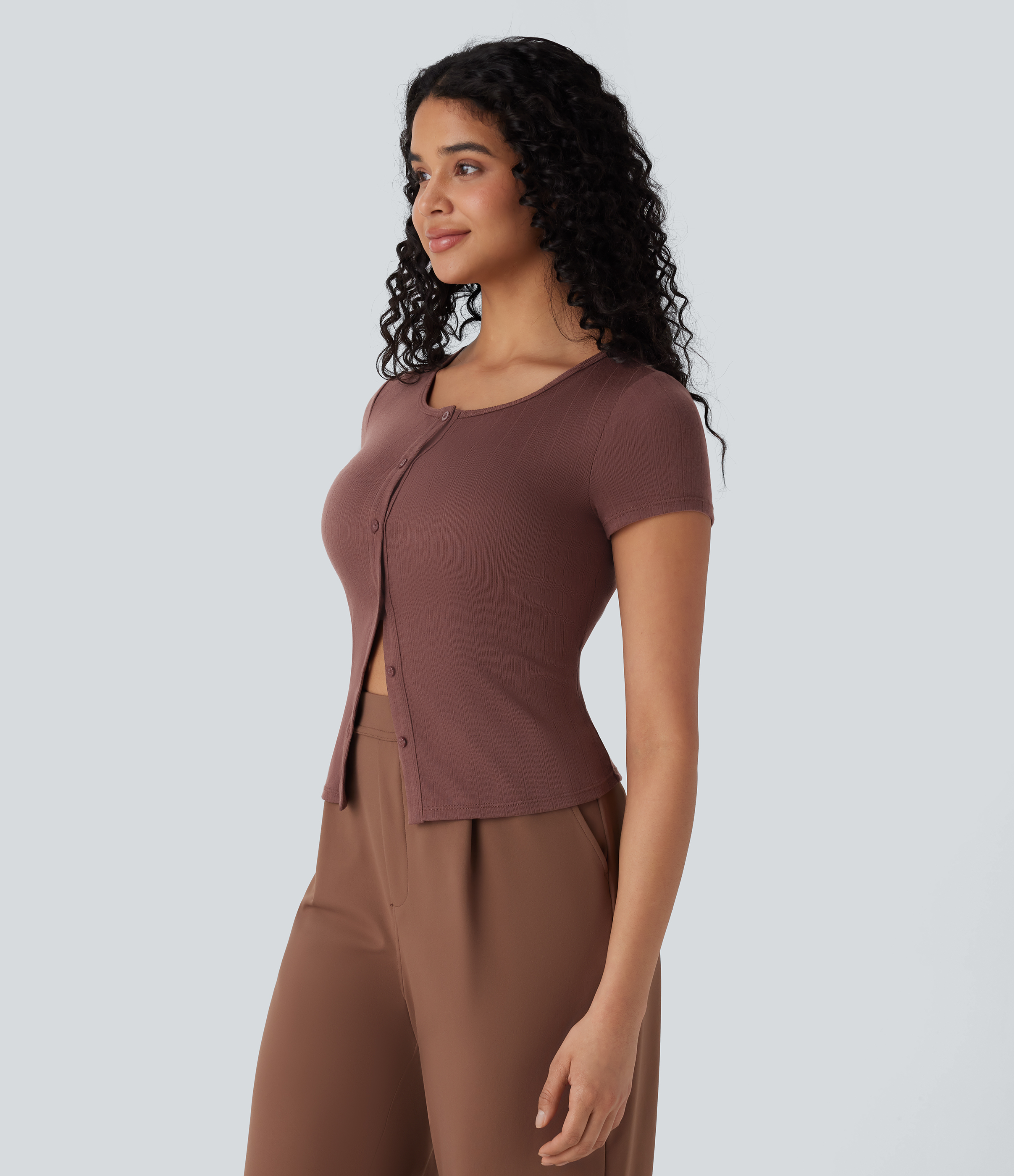 Halara Ribbed Knit Square Neck Button Slim Work Top Tank Top - Chocolate Fondant - XS golf tops halter top tunic tops sleeveless tops 