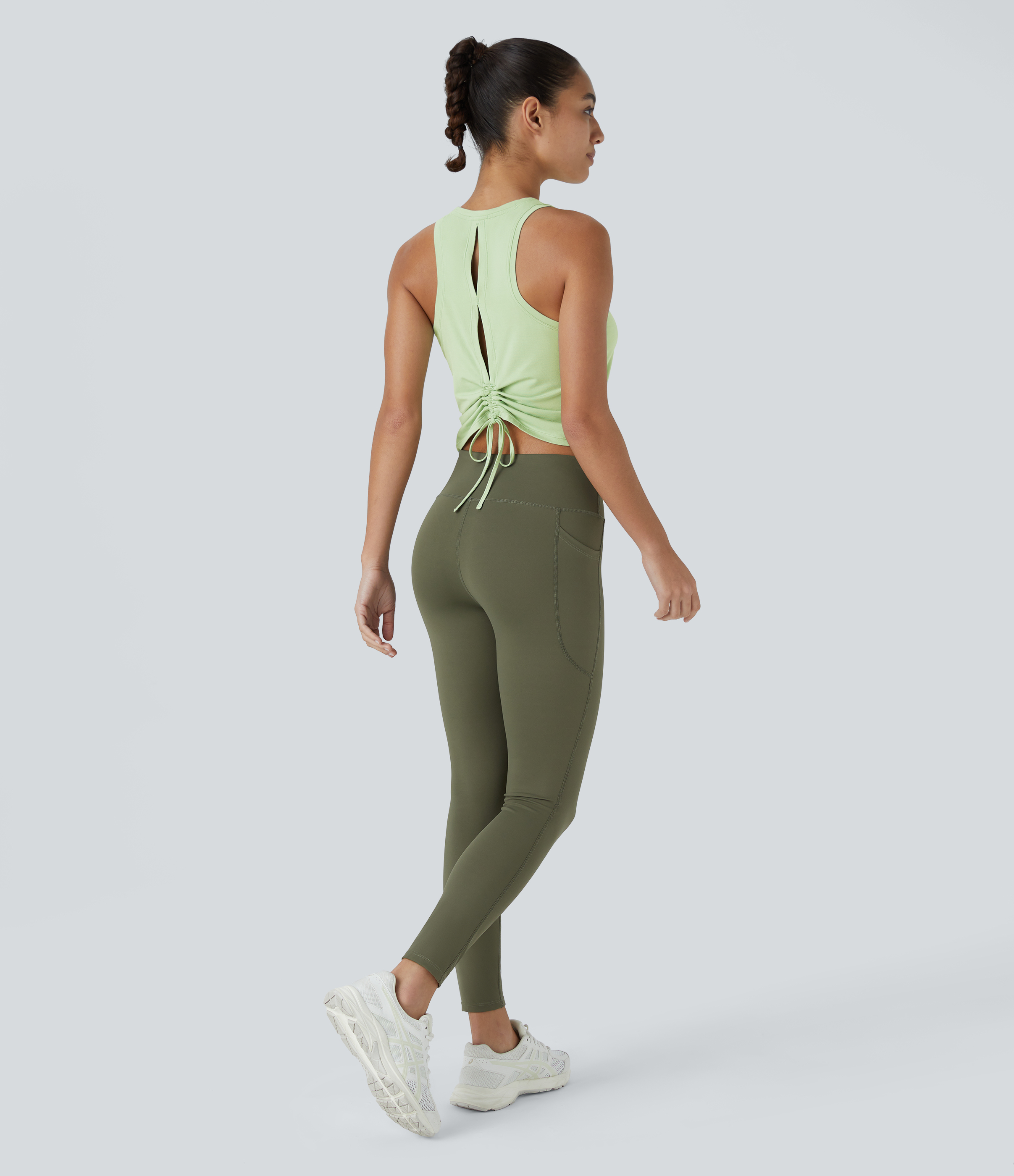 Halara Round Neck Backless Cut Out Drawstring Ruched Casual Tank Top Tank Top - Seacrest - L golf tops halter top tunic tops sleeveless tops 
