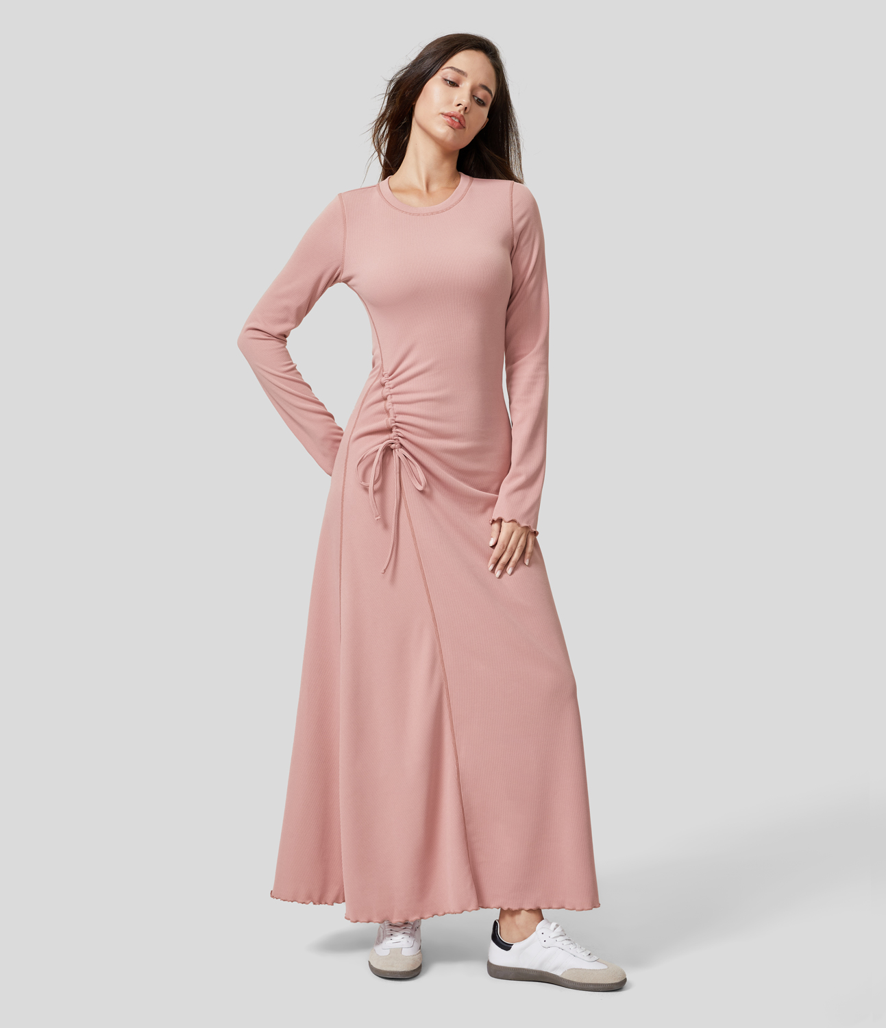Halara Ribbed Drawstring Knot Lettuce Trim Flare Hem Casual Maxi Dress Casual Dress - Mellow Rose - M slip dress beach dress ruched dress 
