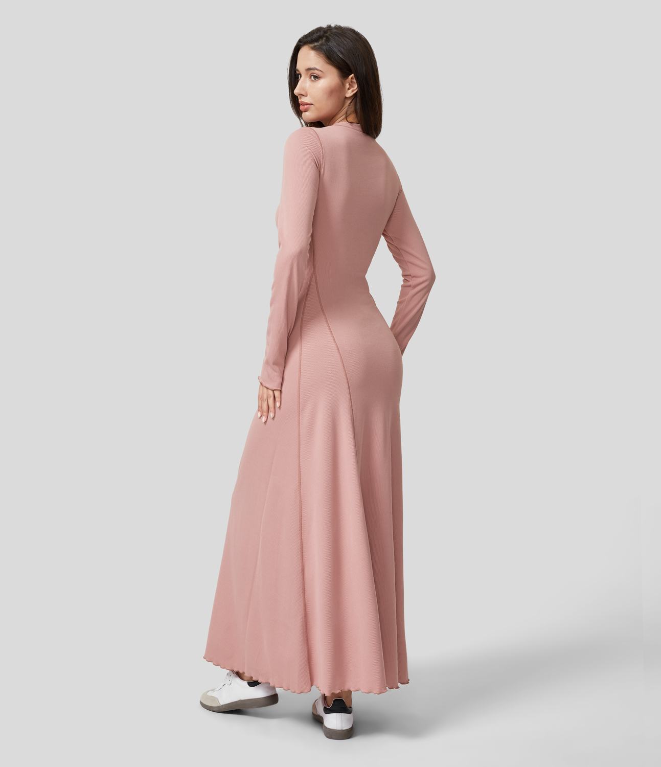 Halara Ribbed Drawstring Knot Lettuce Trim Flare Hem Casual Maxi Dress Casual Dress - Mellow Rose - M slip dress beach dress ruched dress 