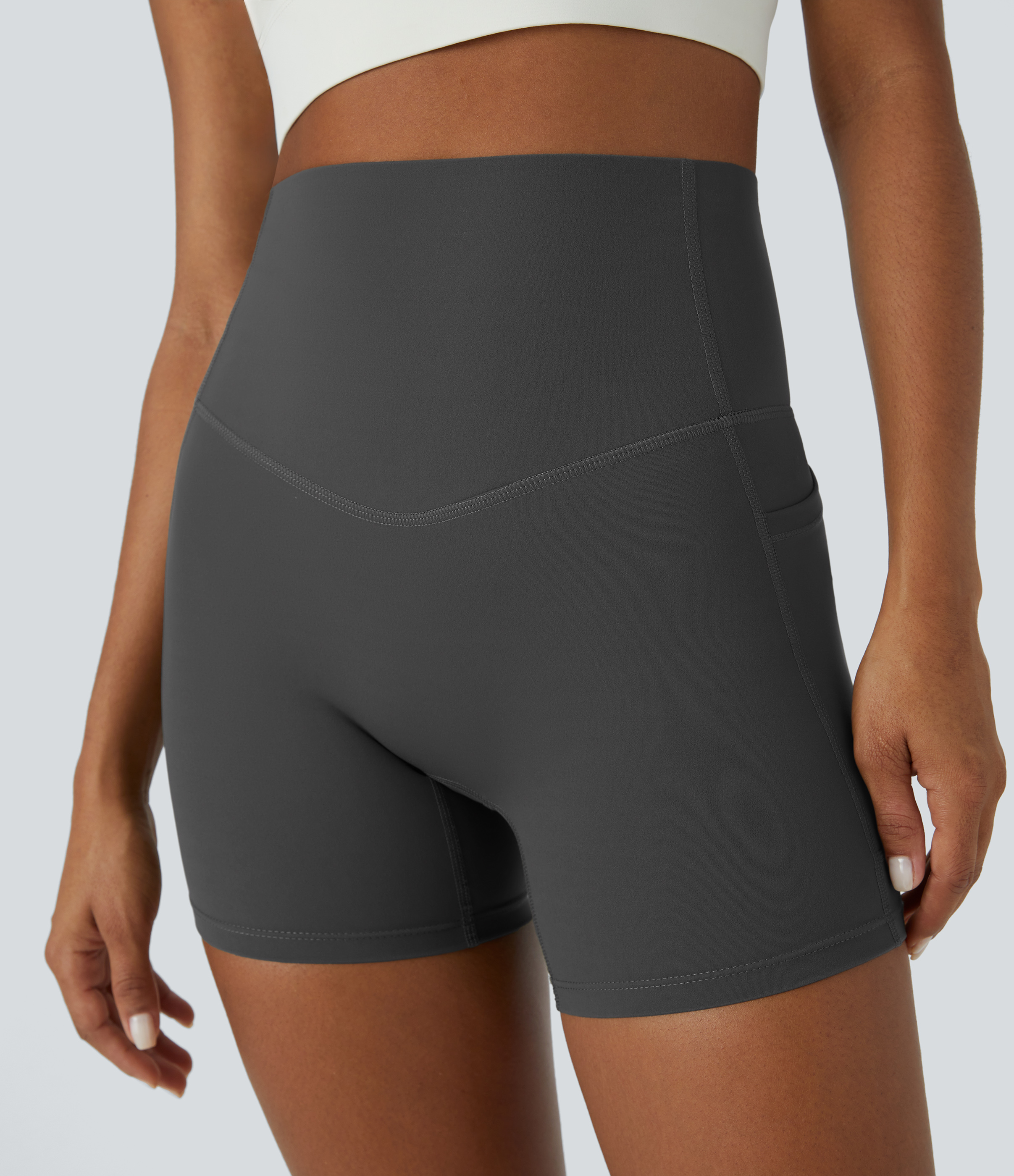 Halara SoCinched High Waisted Tummy Control Side Pocket Shaping Training Biker Shorts 5``  - Volcanic Ash - XL biker shorts women 