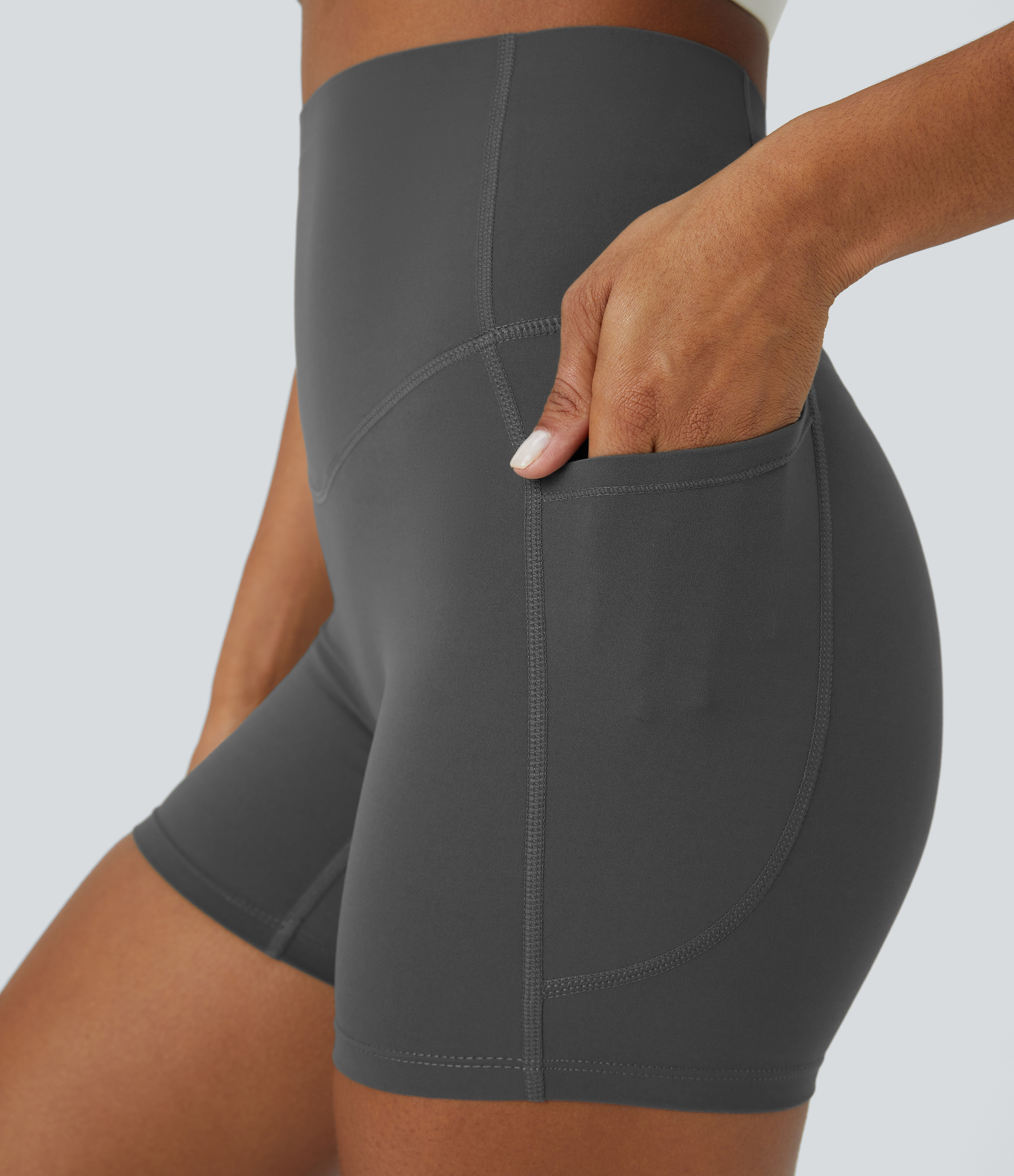 Halara SoCinched High Waisted Tummy Control Side Pocket Shaping Training Biker Shorts 5``  - Volcanic Ash - XL biker shorts women 