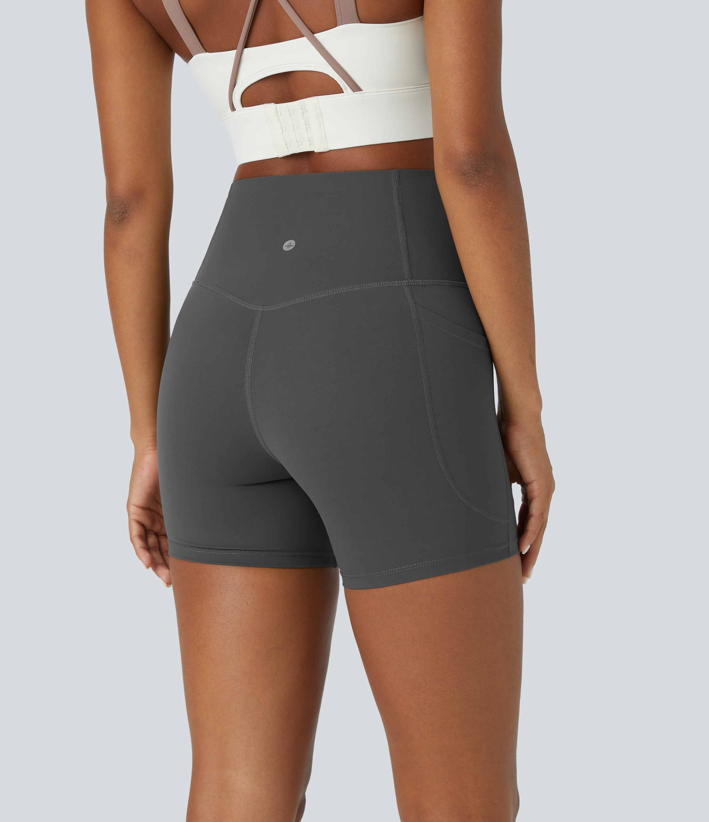 Halara SoCinched High Waisted Tummy Control Side Pocket Shaping Training Biker Shorts 5``  - Volcanic Ash - XL biker shorts women 