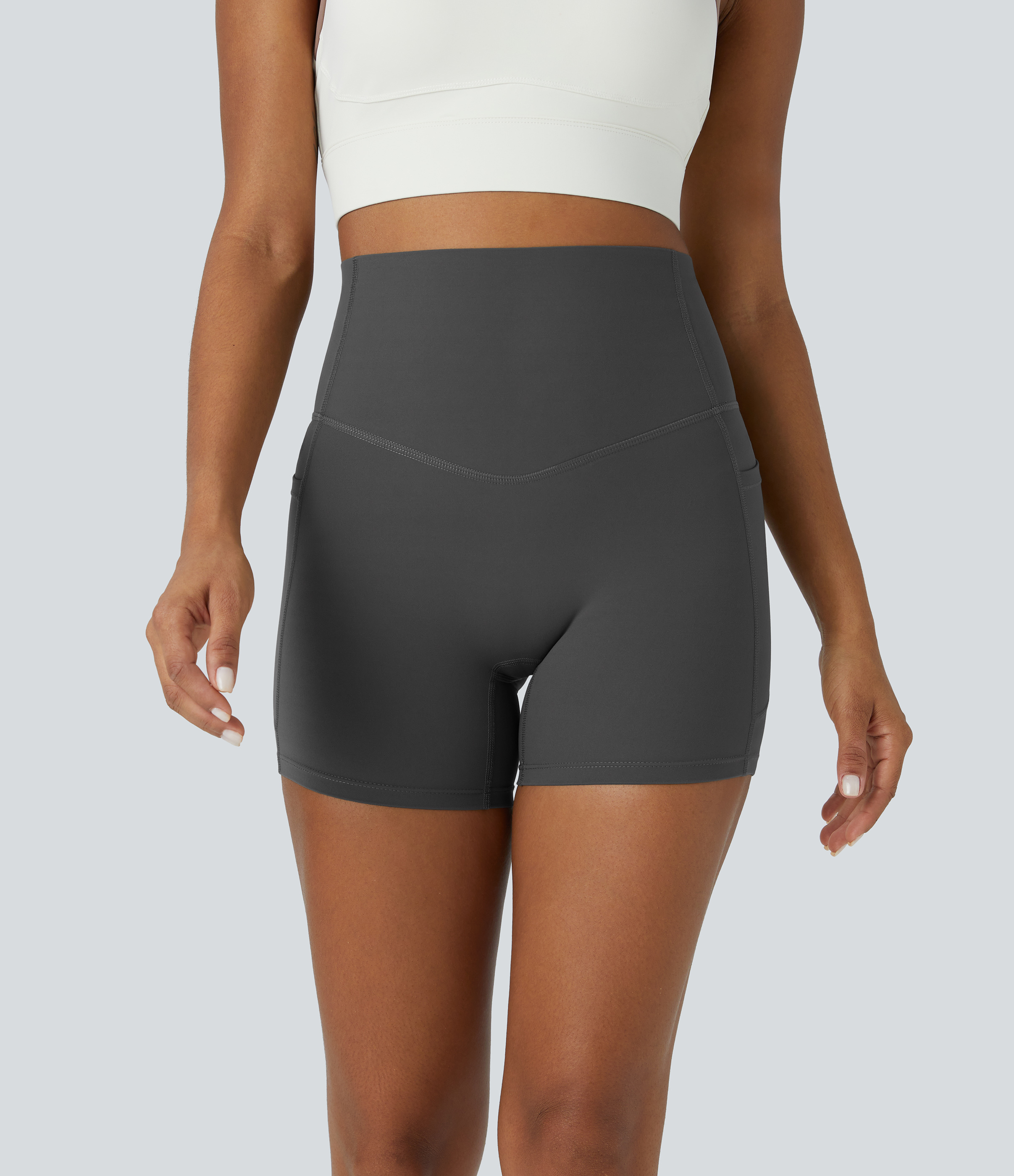 Halara SoCinched High Waisted Tummy Control Side Pocket Shaping Training Biker Shorts 5``  - Volcanic Ash - XL biker shorts women 