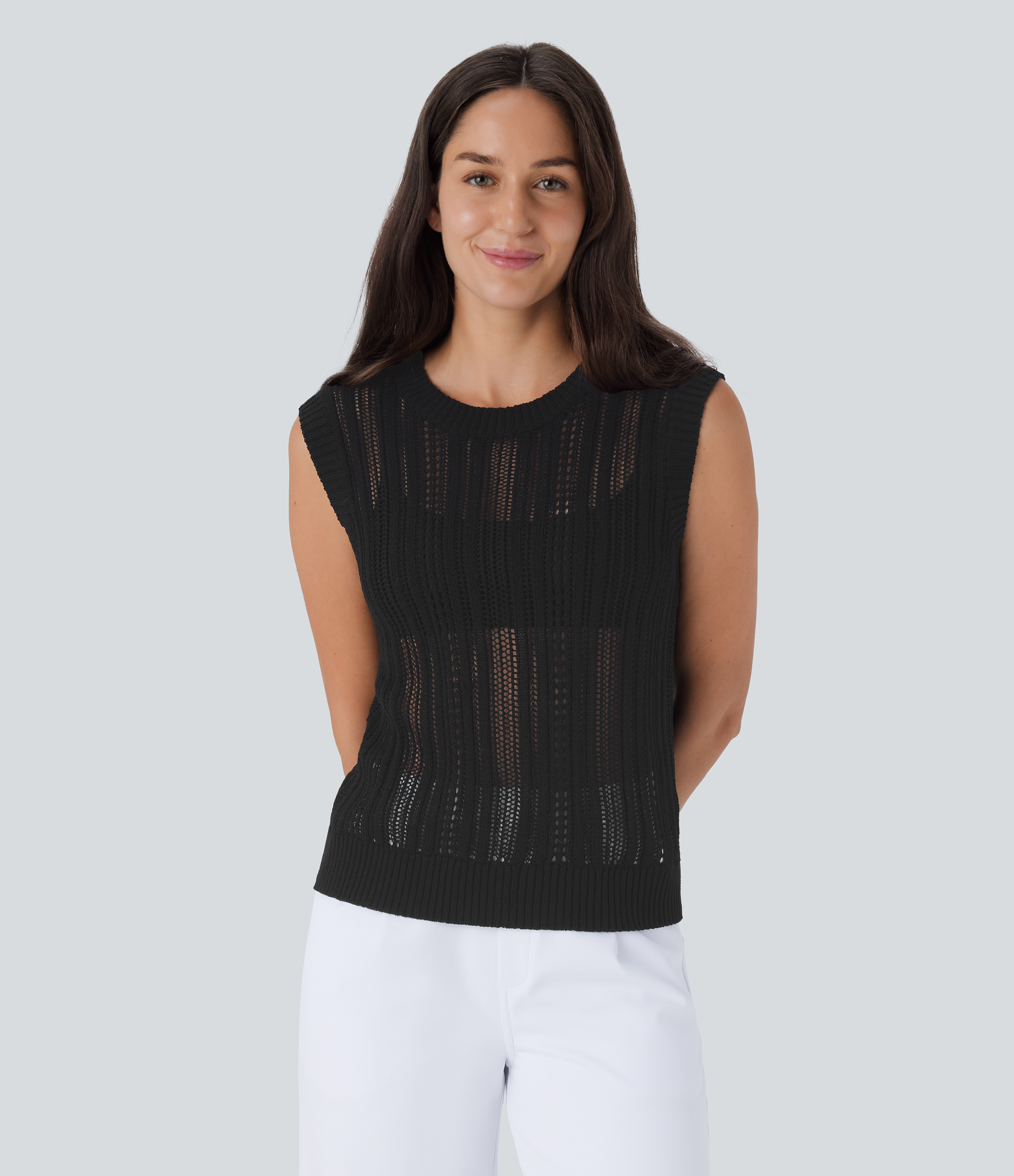 Halara Round Neck Crochet Knit Work Sweater Vest  - Black - M 