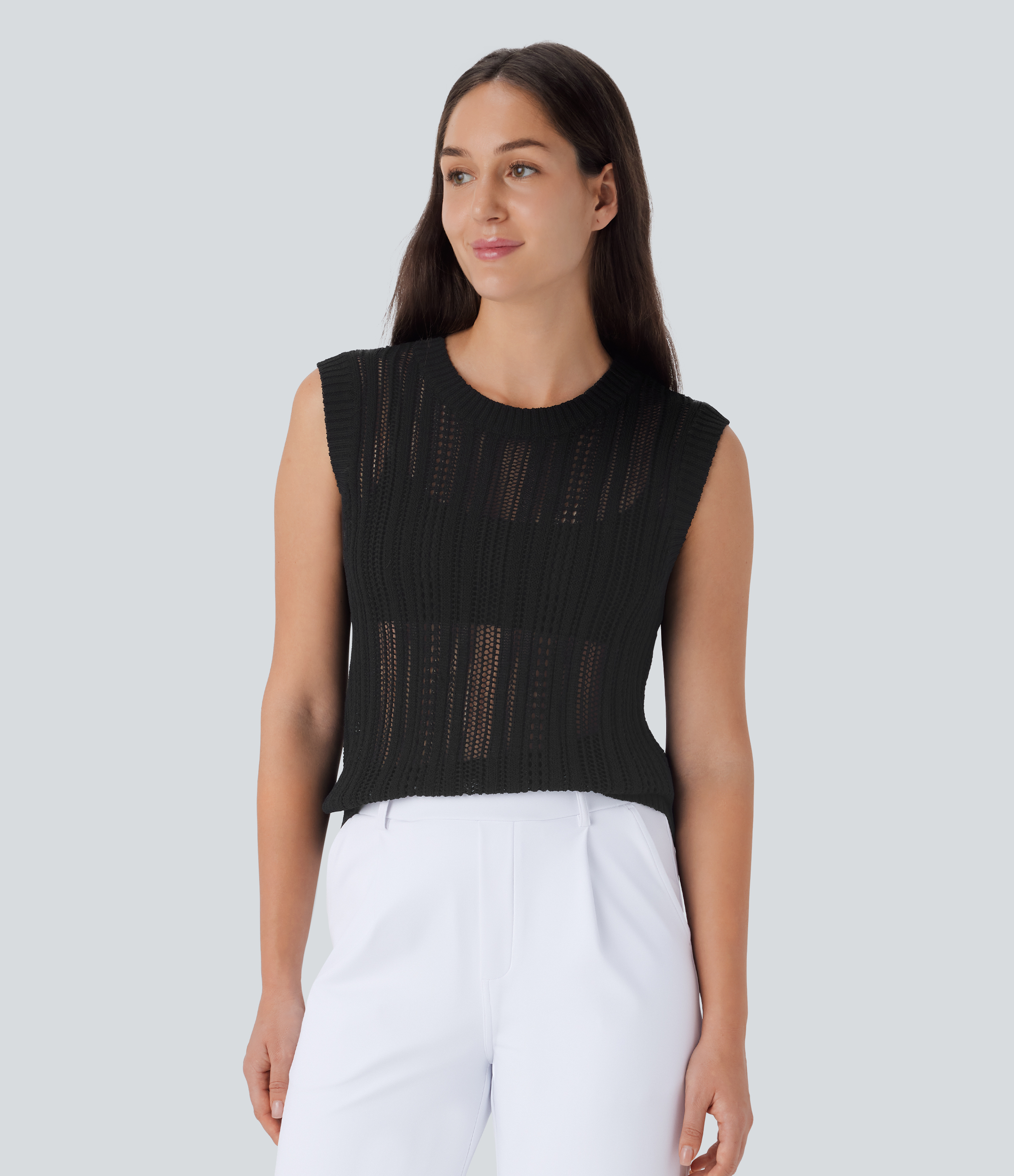 Halara Round Neck Crochet Knit Work Sweater Vest  - Black - M 
