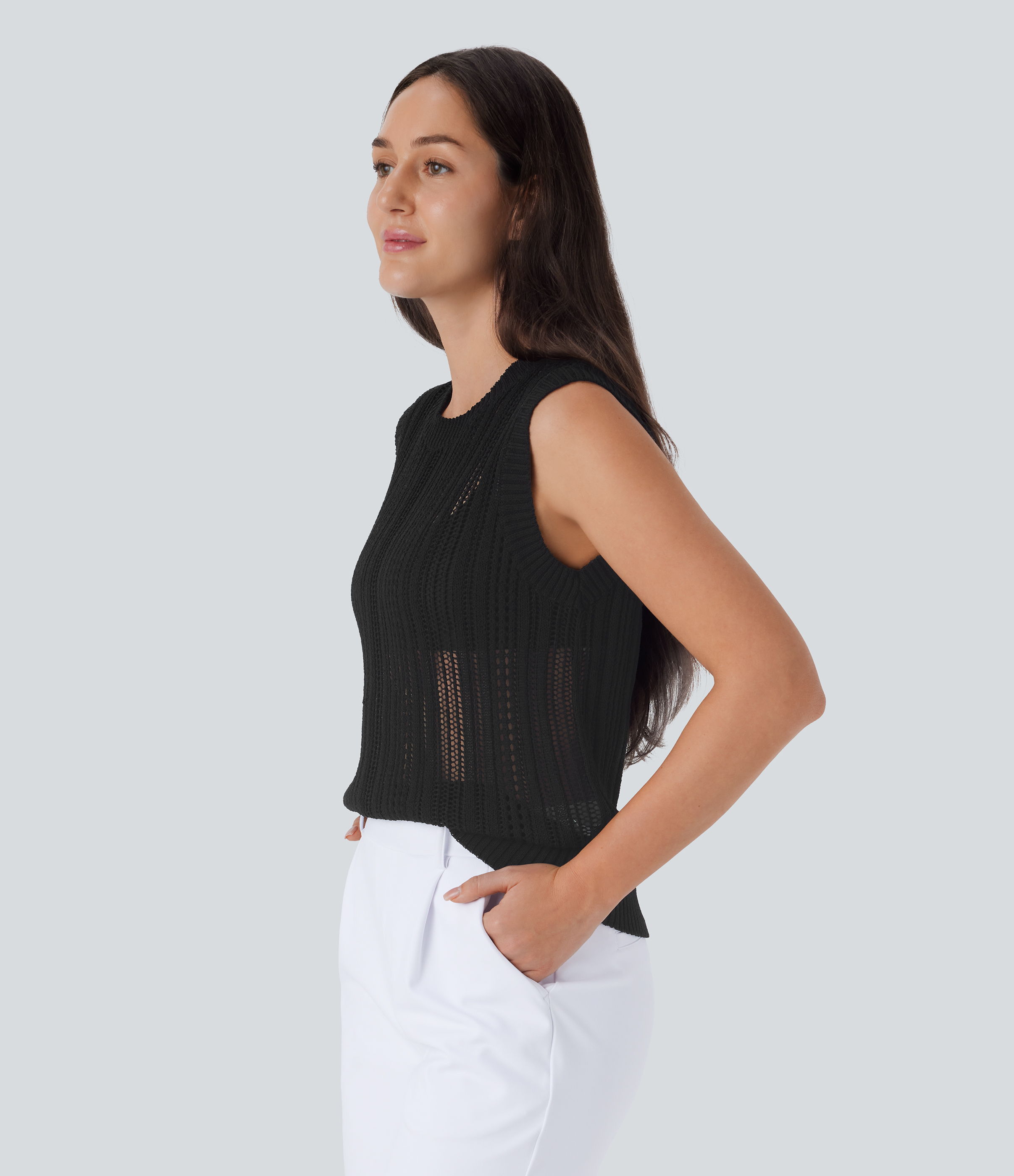 Halara Round Neck Crochet Knit Work Sweater Vest  - Black - M 