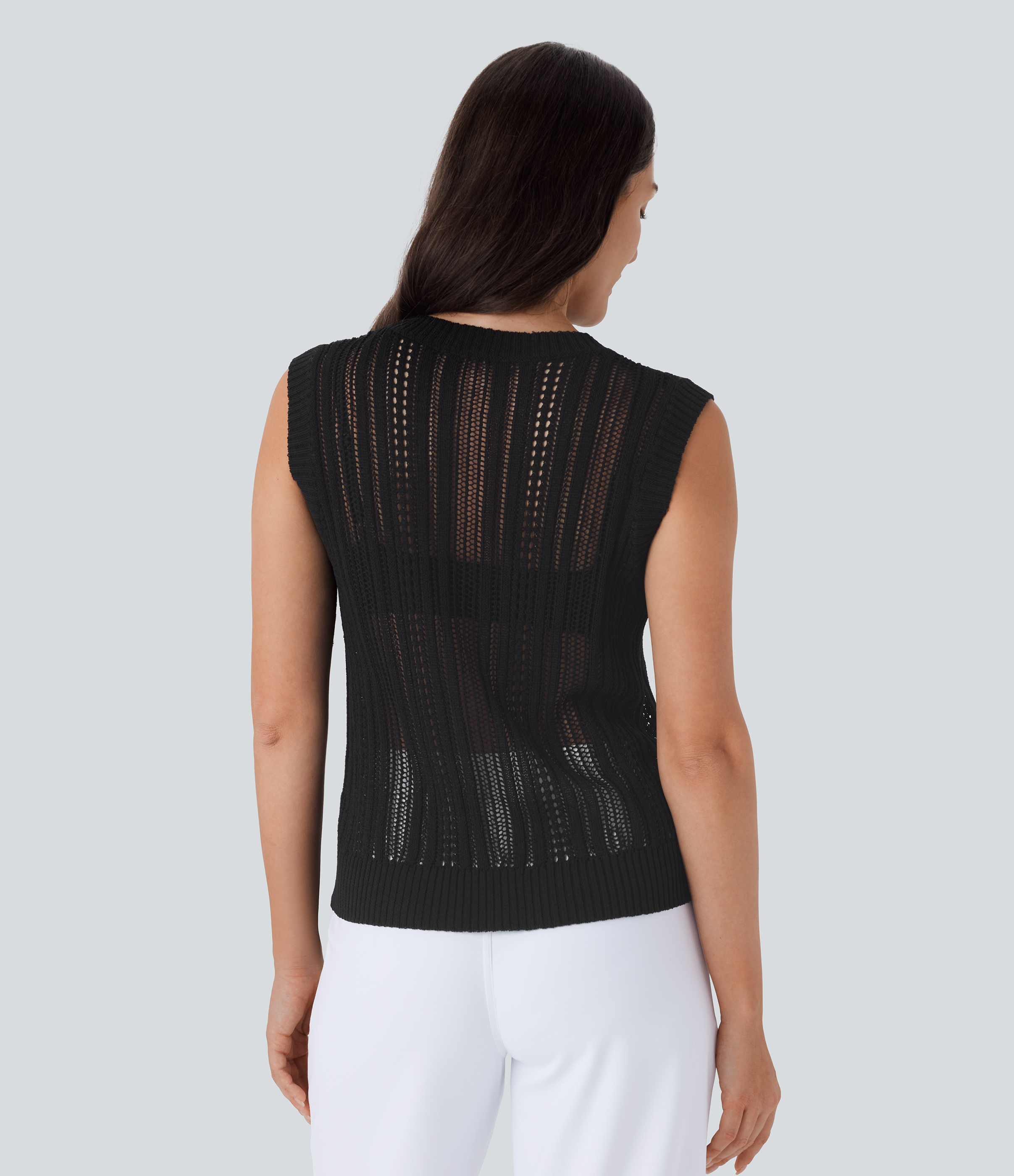 Halara Round Neck Crochet Knit Work Sweater Vest  - Black - M 