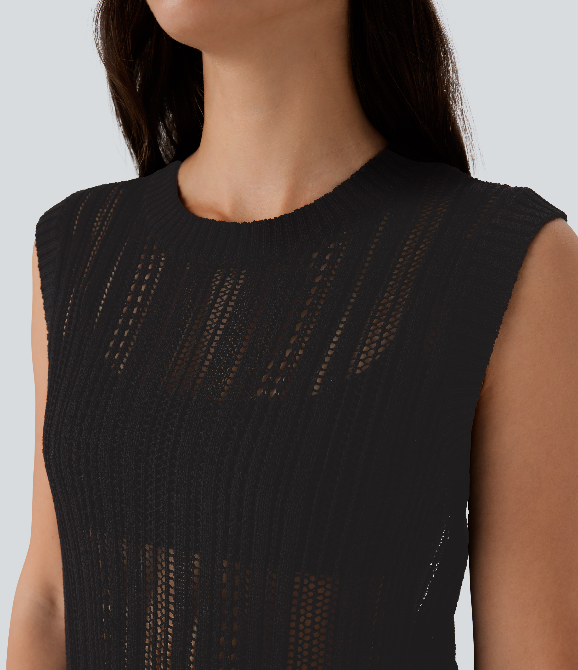 Halara Round Neck Crochet Knit Work Sweater Vest  - Black - M 