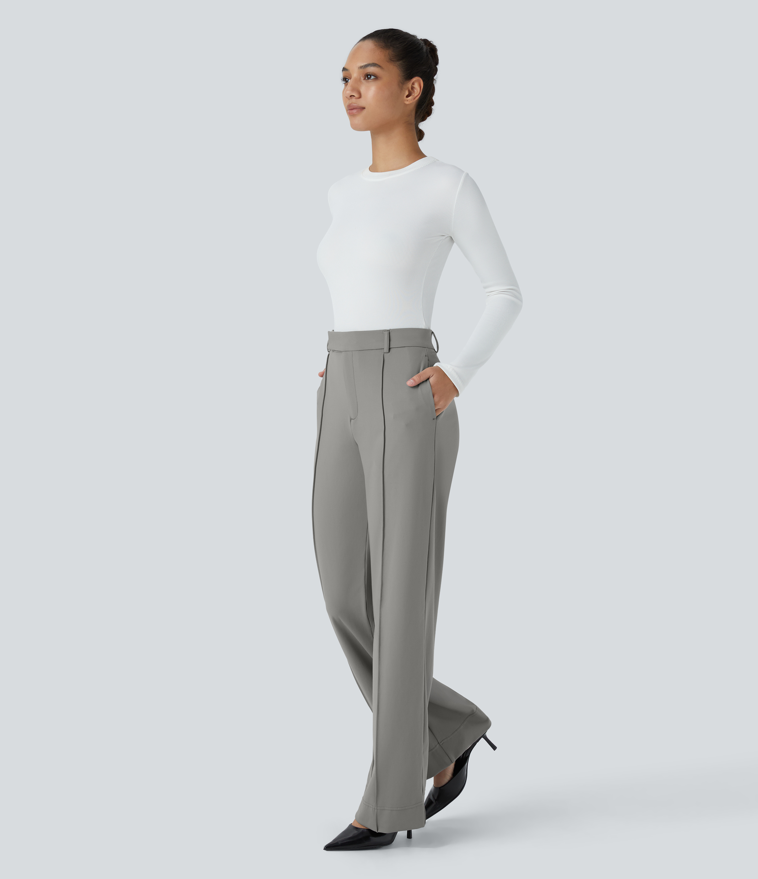 Halara High Waisted Side Pocket Straight Leg Work Pants  - Silent Storm - XS(regular) 