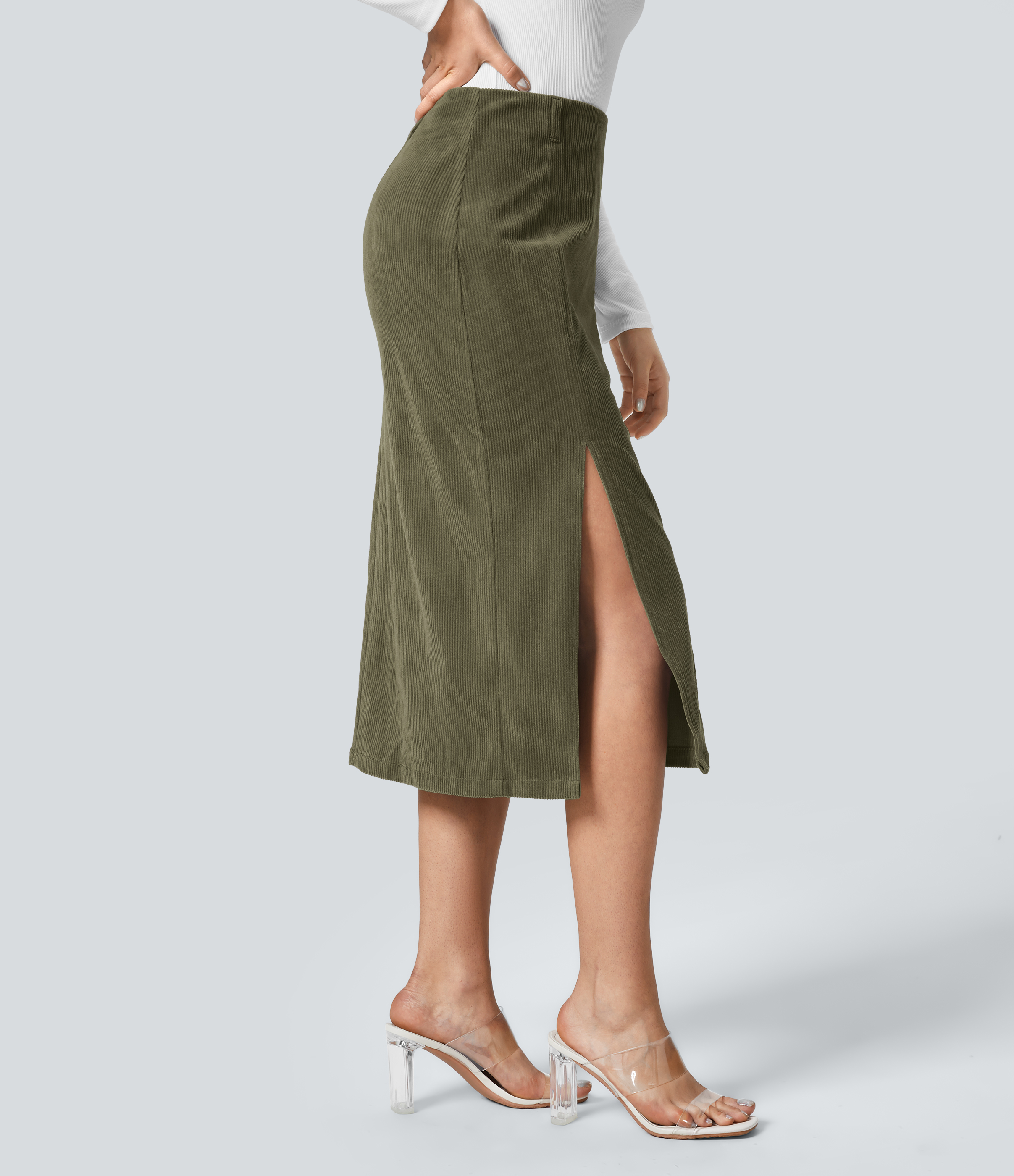 Halara High Waisted Invisible Zipper Split Hem Midi Corduroy Casual Skirt  - Icy Bamboo Green - S(regular) 