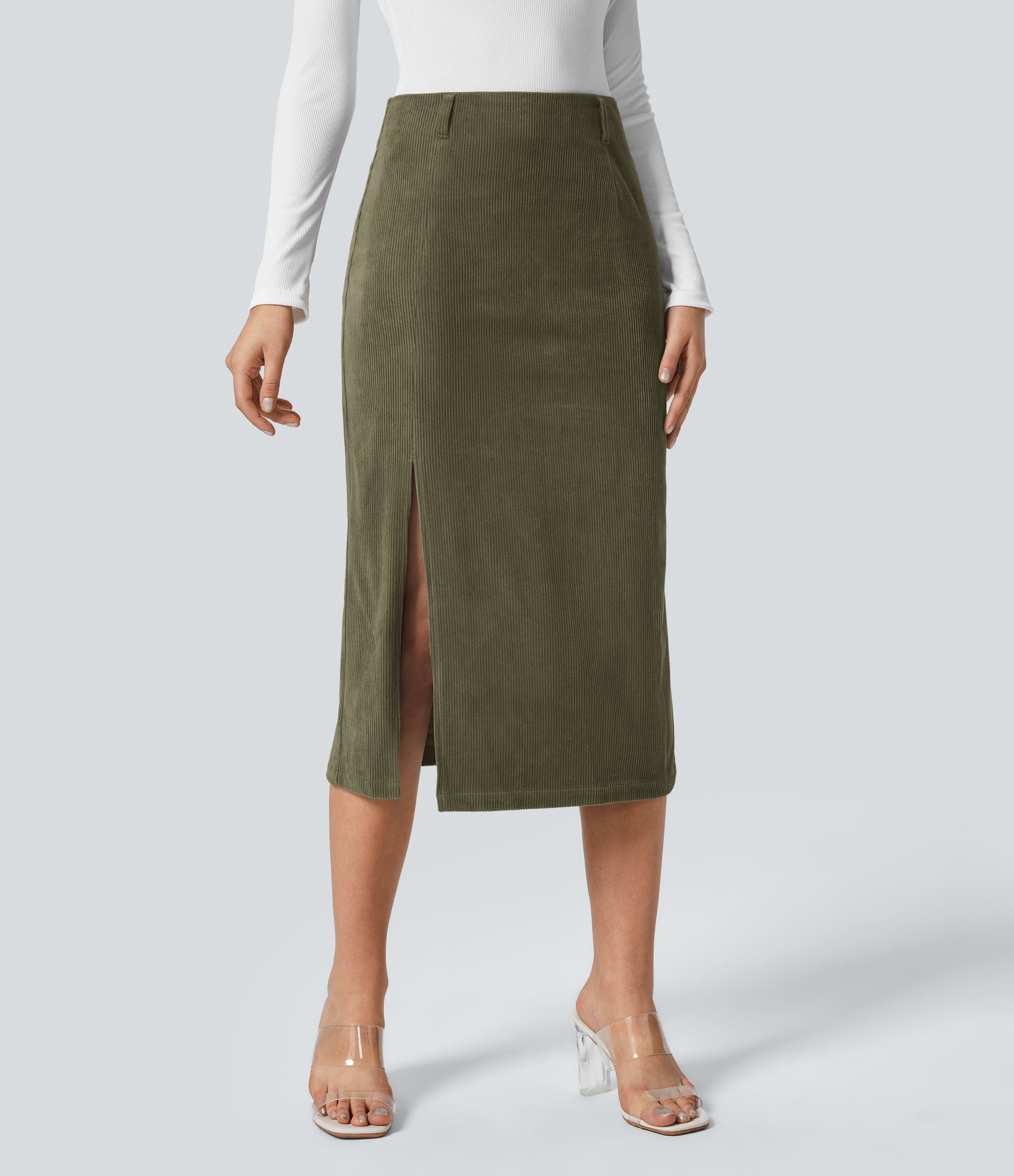Halara High Waisted Invisible Zipper Split Hem Midi Corduroy Casual Skirt  - Icy Bamboo Green - S(regular) 