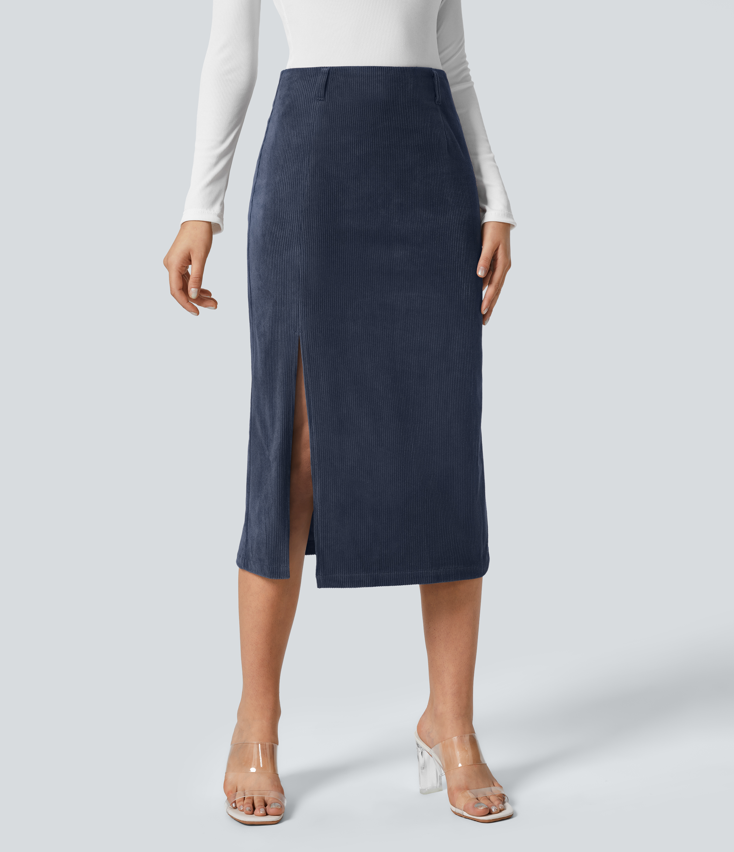 Jupe midi décontractée en velours côtelé, taille haute, avec ourlet