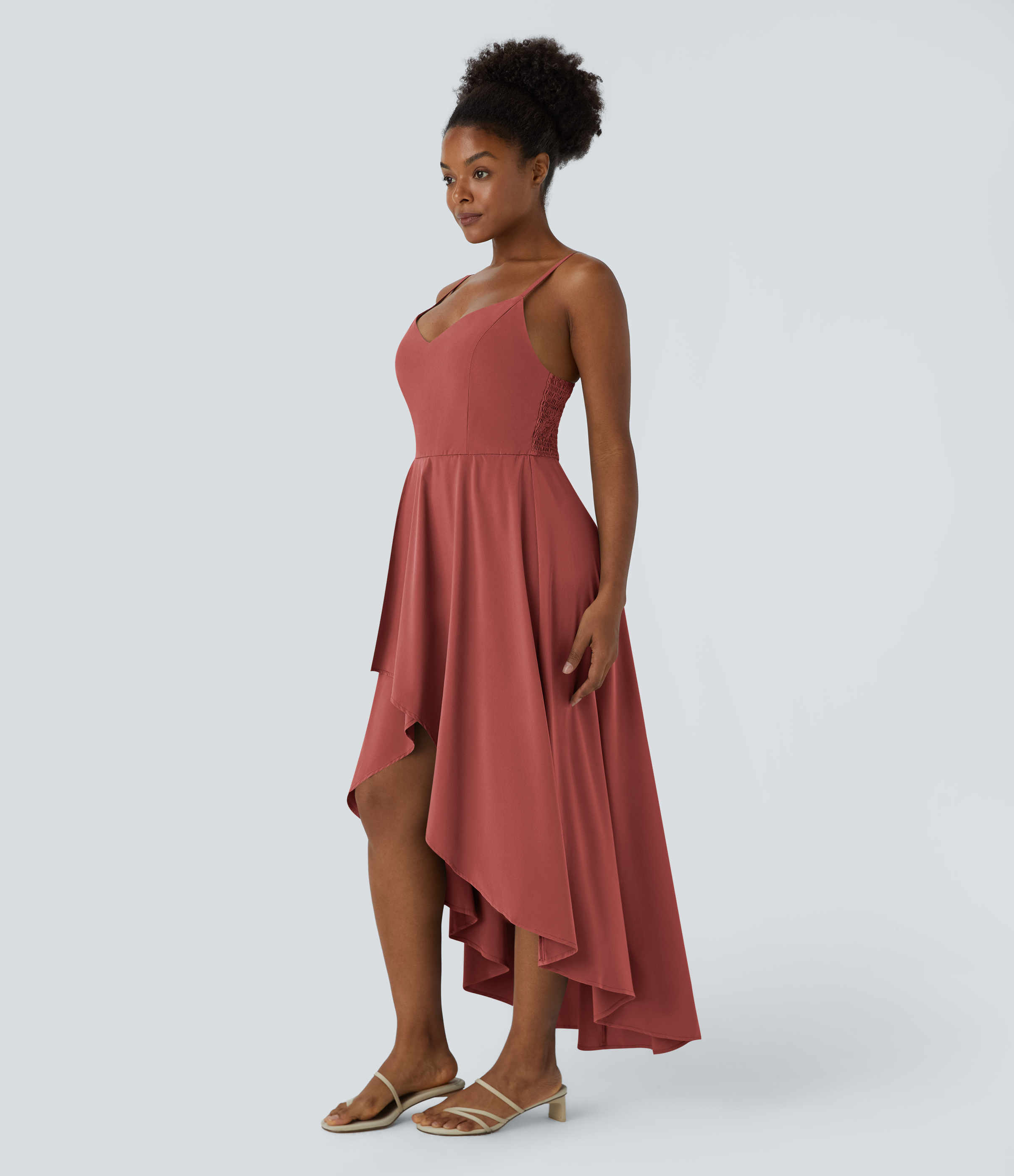 Halara Breezefulв„ў Adjustable Strap Backless Shirred Invisible Zipper High Low Flowy Quick Dry Maxi Slip Resort Dress Casual Dress - Kapok Red - M 