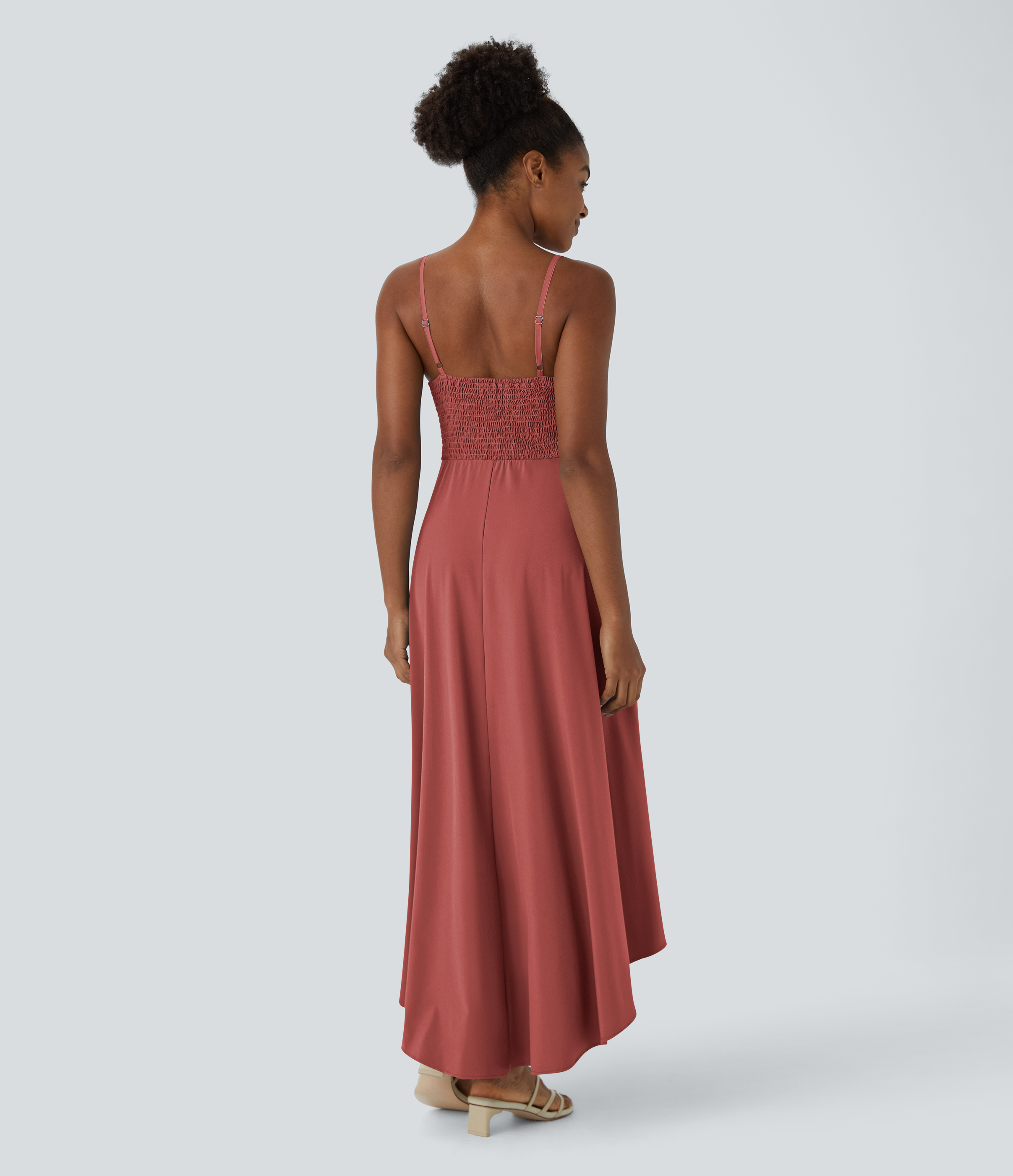 Halara Breezefulв„ў Adjustable Strap Backless Shirred Invisible Zipper High Low Flowy Quick Dry Maxi Slip Resort Dress Casual Dress - Kapok Red - M 