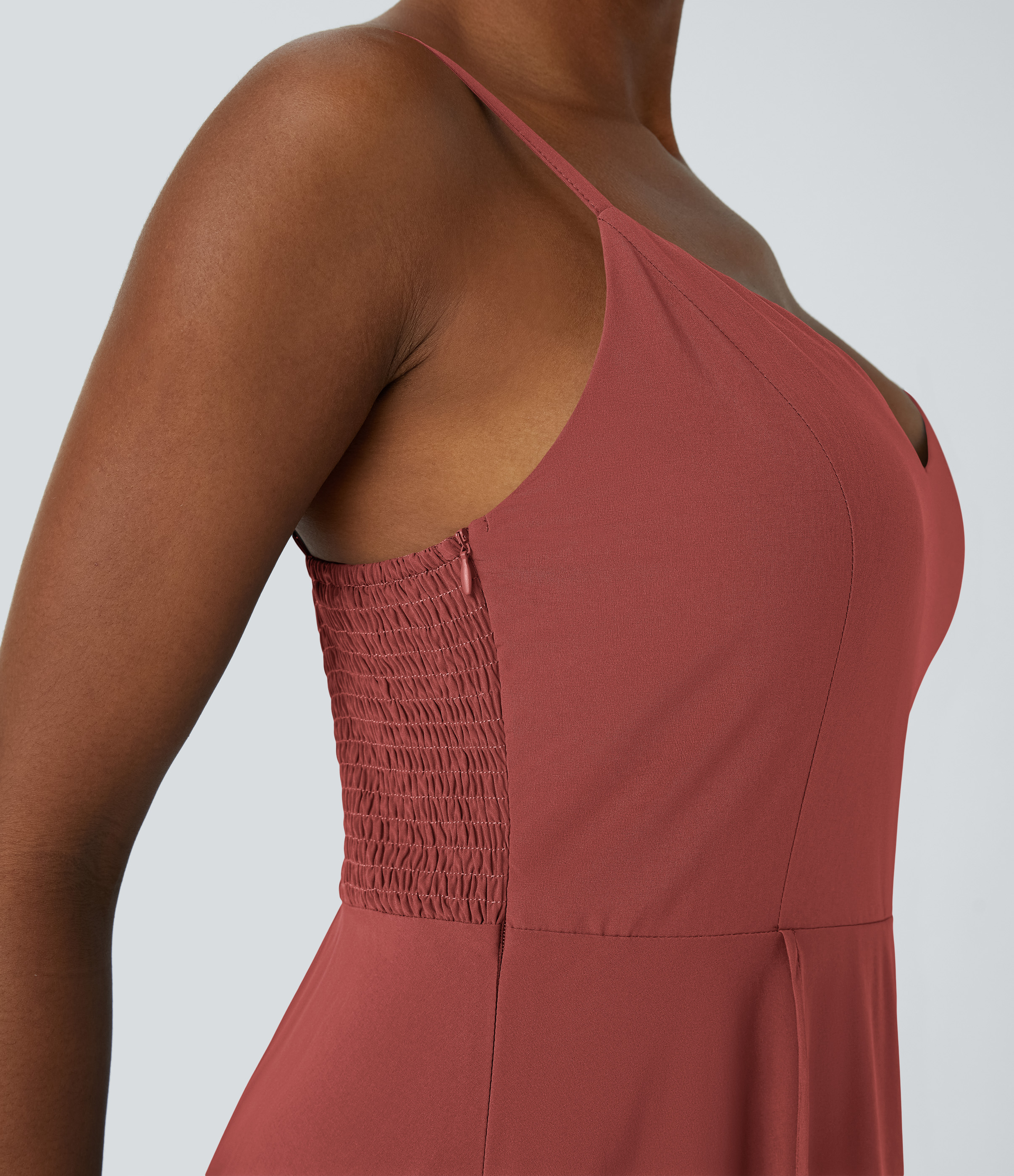 Halara Breezefulв„ў Adjustable Strap Backless Shirred Invisible Zipper High Low Flowy Quick Dry Maxi Slip Resort Dress Casual Dress - Kapok Red - M 