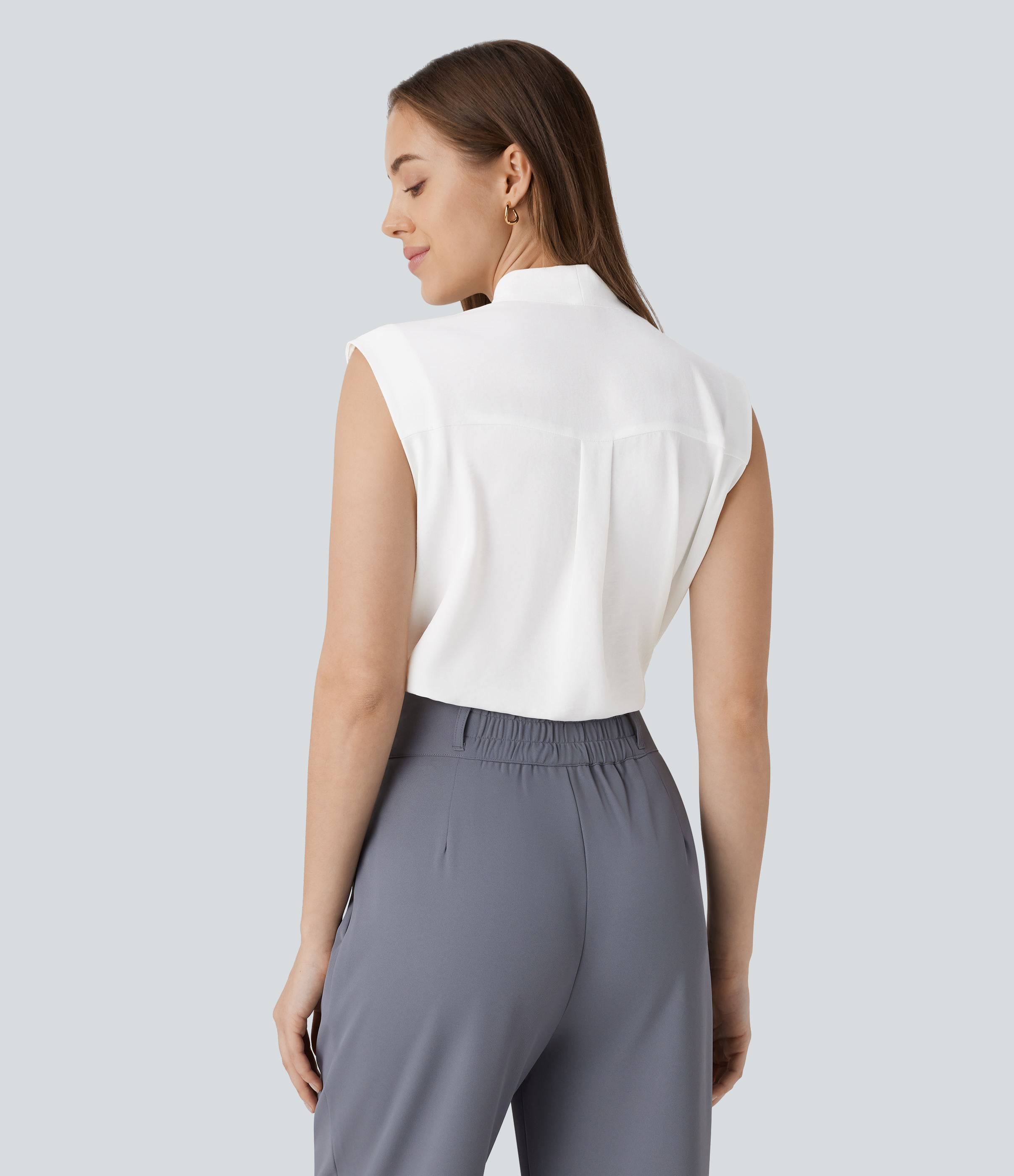Halara V Neck Tie Front Sleeveless Work Shirt  - White - M 