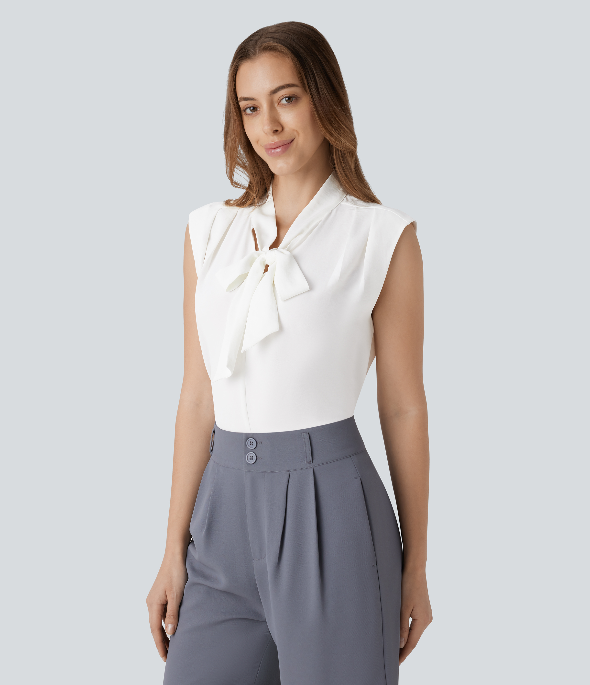 Halara V Neck Tie Front Sleeveless Work Shirt  - White - M 