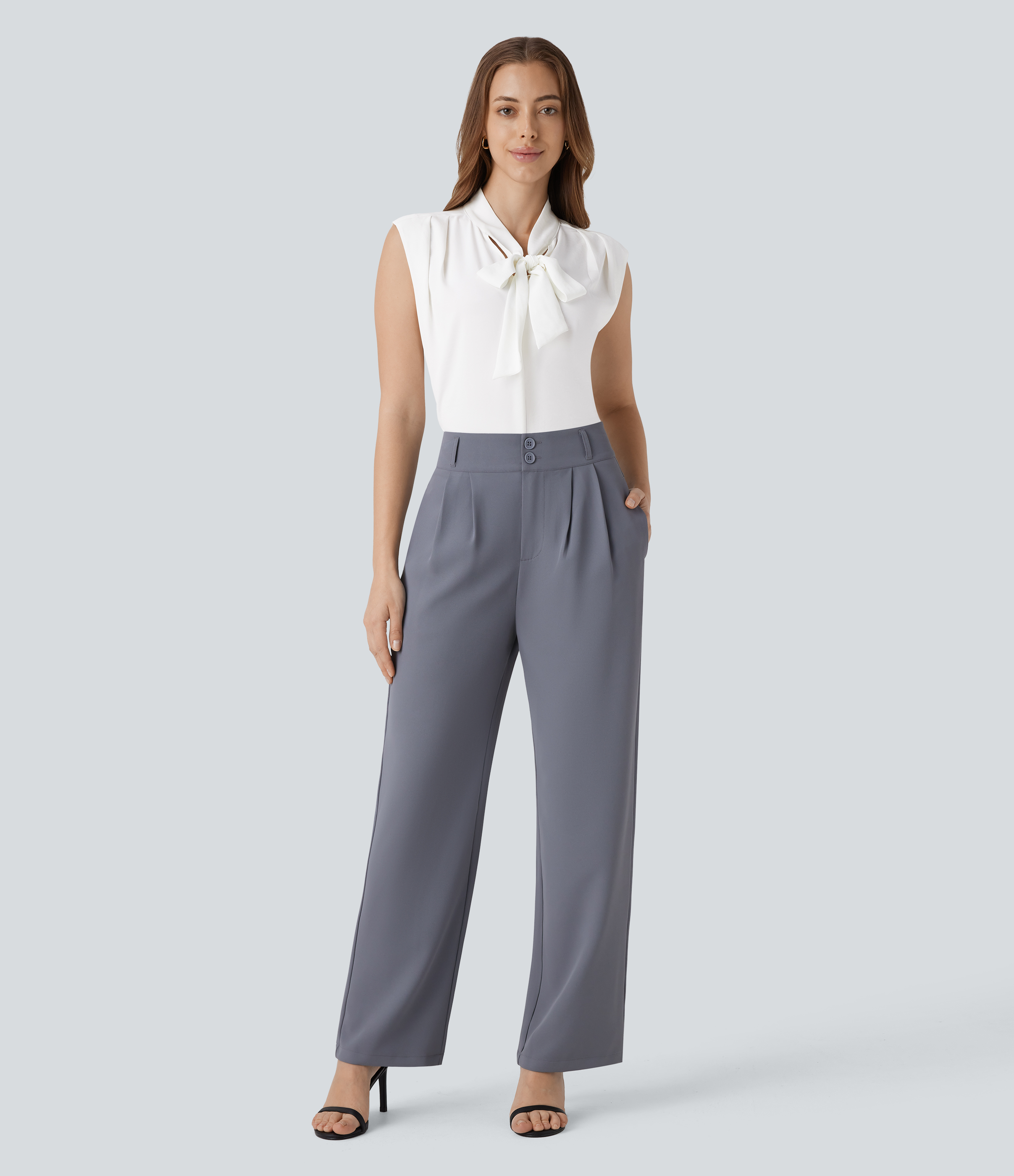 Halara V Neck Tie Front Sleeveless Work Shirt  - White - M 