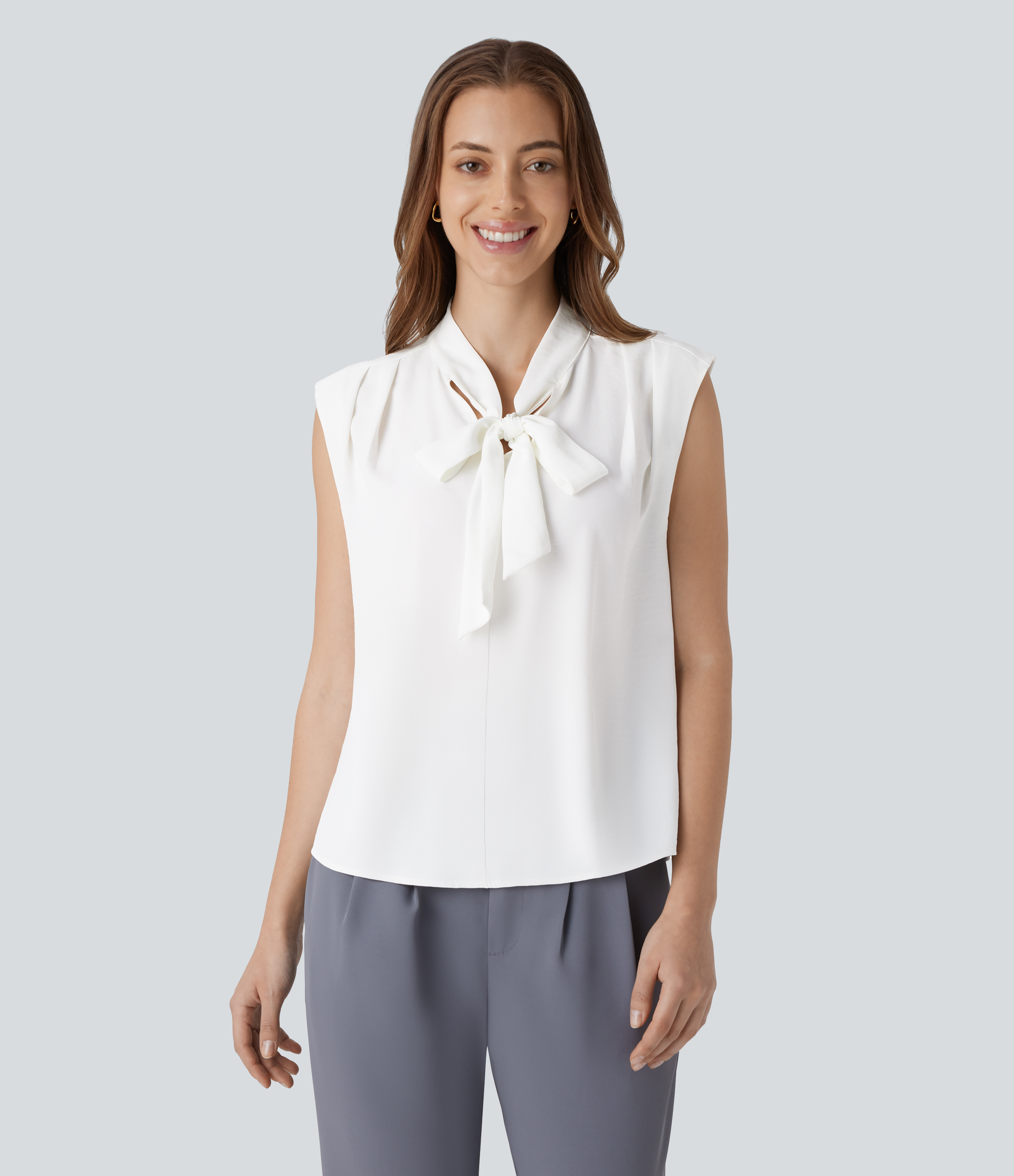 Halara V Neck Tie Front Sleeveless Work Shirt  - White - M 