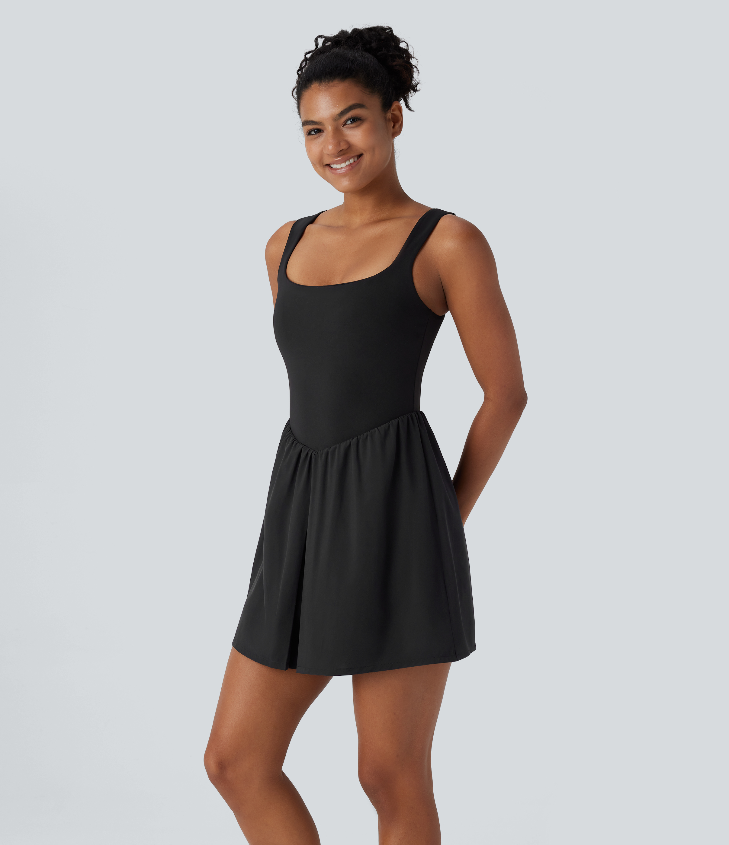 Halara Breezefulв„ў Square Neck Backless 2-in-1 Side Pocket Quick Dry Mini Yoga Active Dress Workout Dress - Black - L 