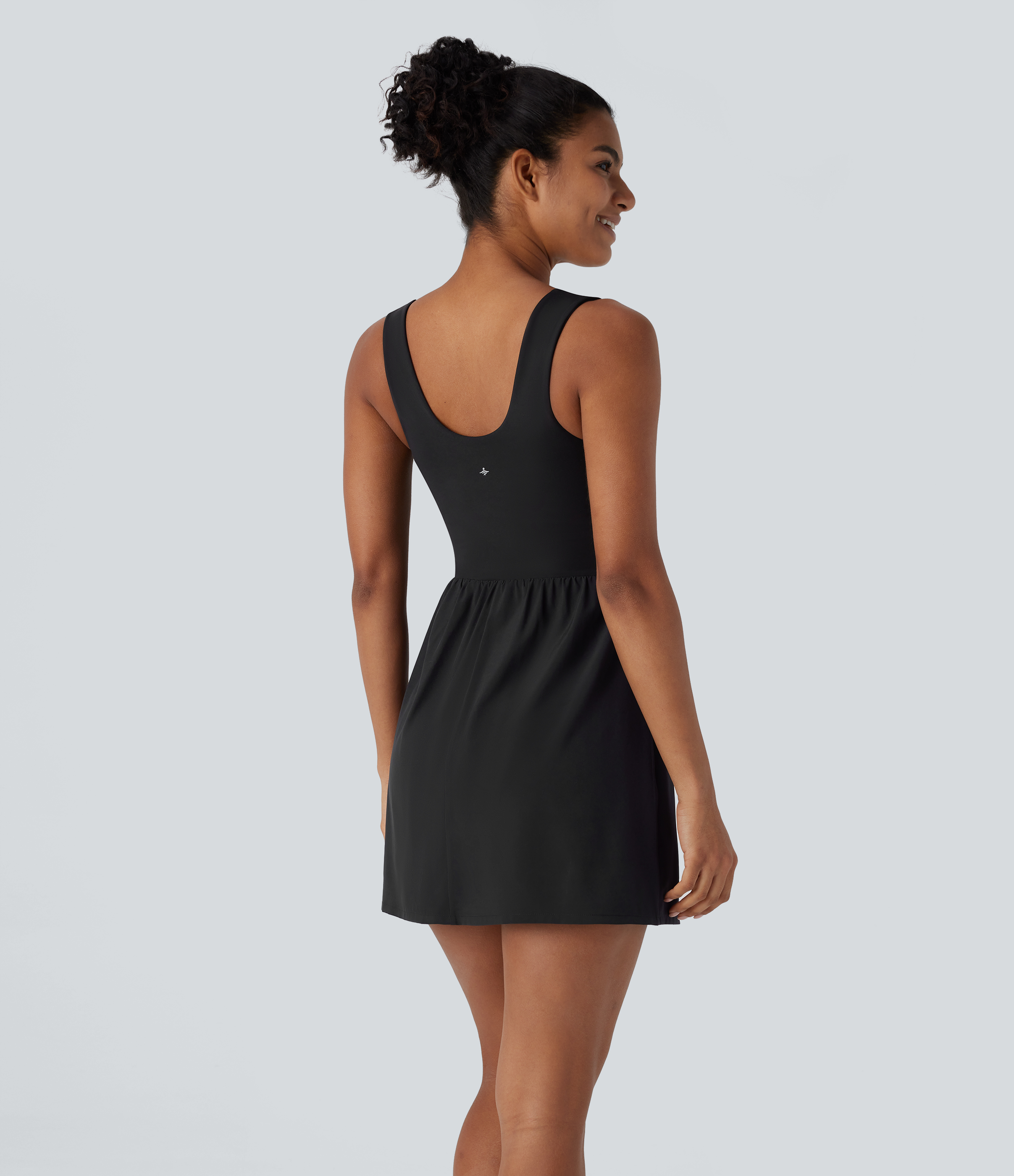 Halara Breezefulв„ў Square Neck Backless 2-in-1 Side Pocket Quick Dry Mini Yoga Active Dress Workout Dress - Black - L 
