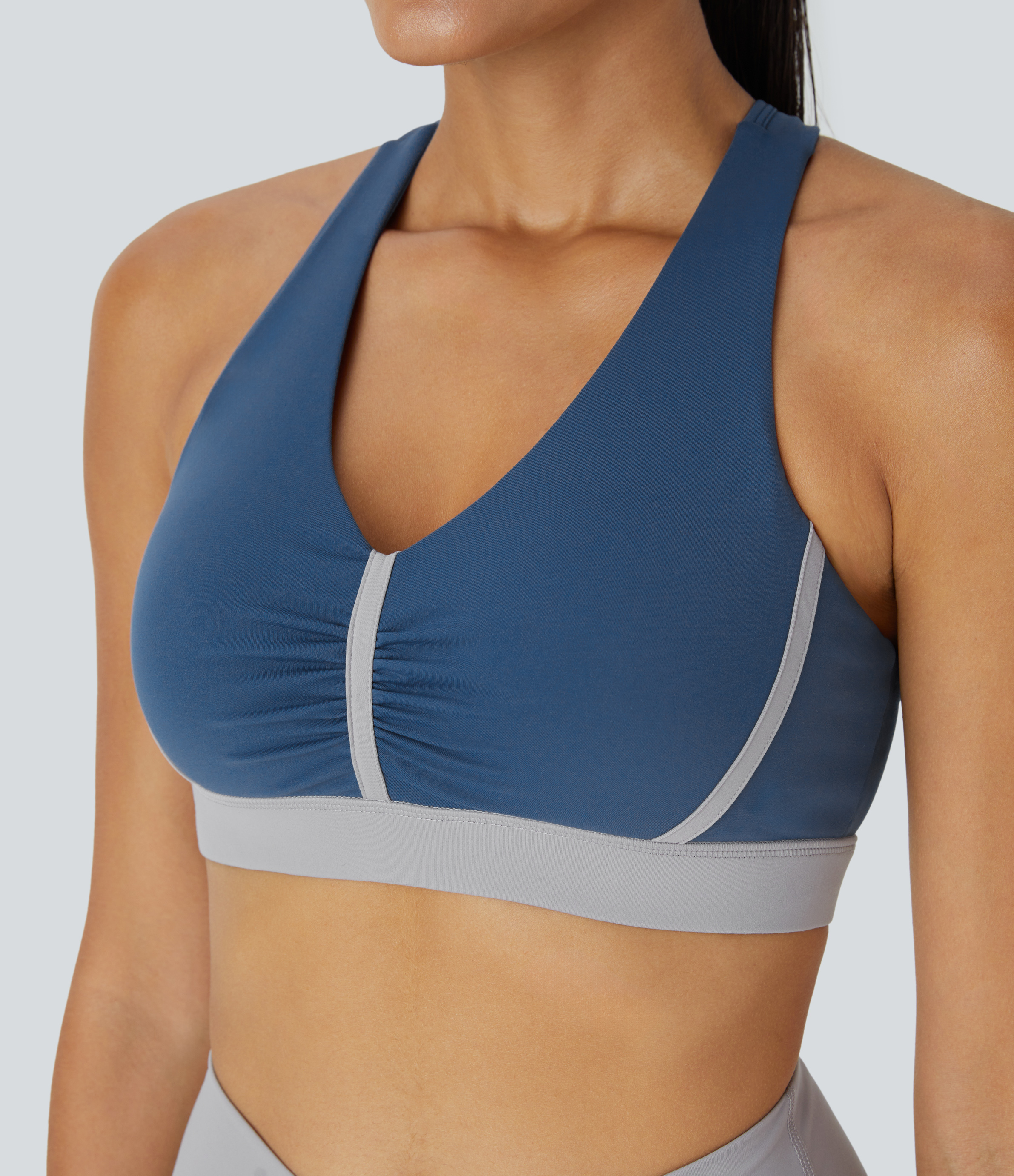 Halara Softlyzeroв„ў Plush Low Support Backless Ruched Color Block Yoga Sports Bra  - Dark Turquoise - XL push up bra strapless bra 