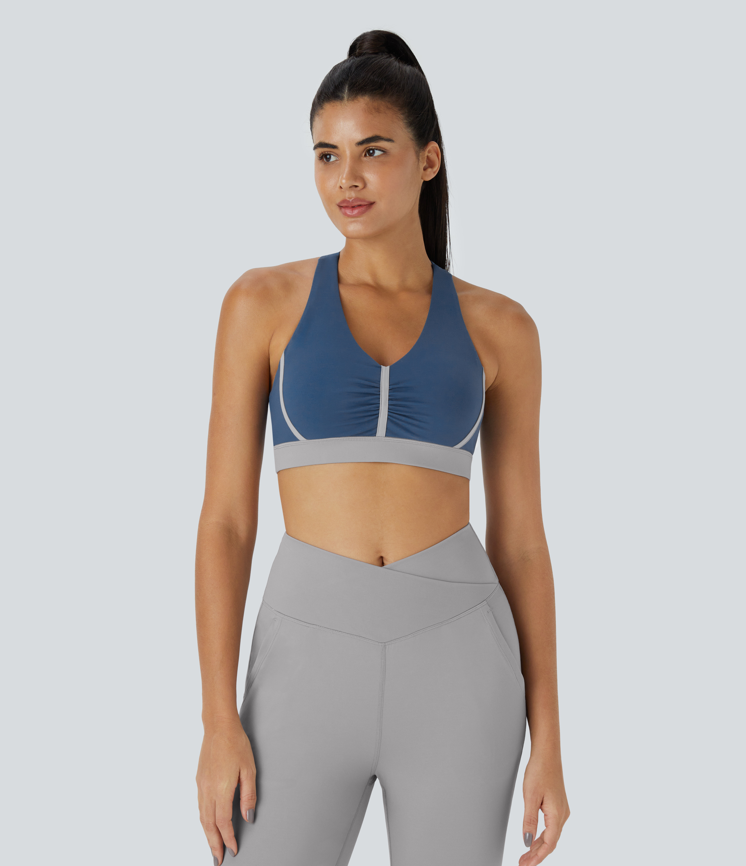 Halara Softlyzeroв„ў Plush Low Support Backless Ruched Color Block Yoga Sports Bra  - Dark Turquoise - XL push up bra strapless bra 