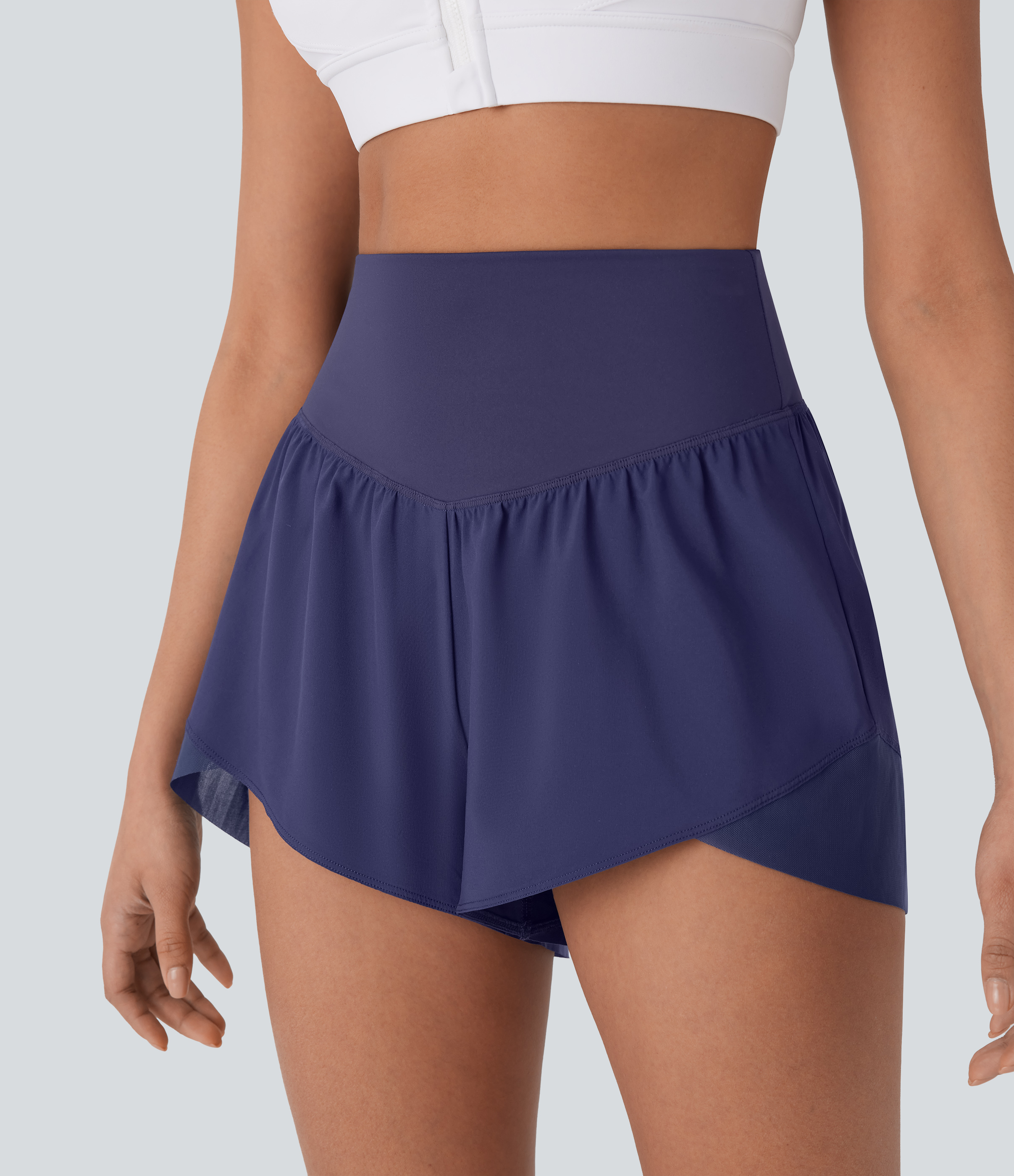 Halara Breezefulв„ў High Waisted Back Pocket Crossover Hem Quick Dry Yoga Shorts Gym Short - Black Diamond Blue - M booty shorts 