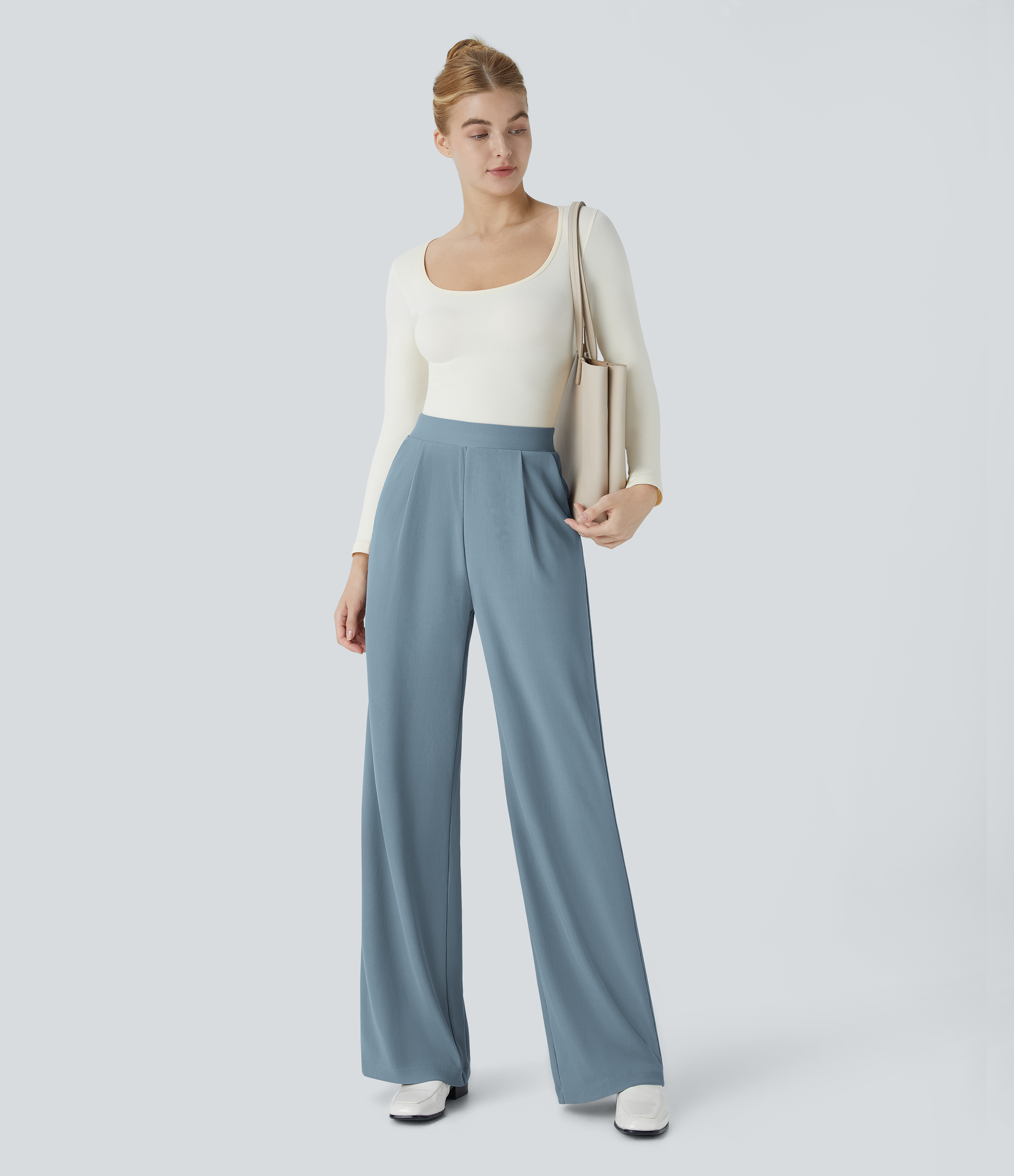 Halara Halara Flexв„ў High Waisted Body Sculpt Waist-Slimming Side Pocket Wide Leg Micro Waffle Work Pants  - Mountain Spring - XS(tall) 