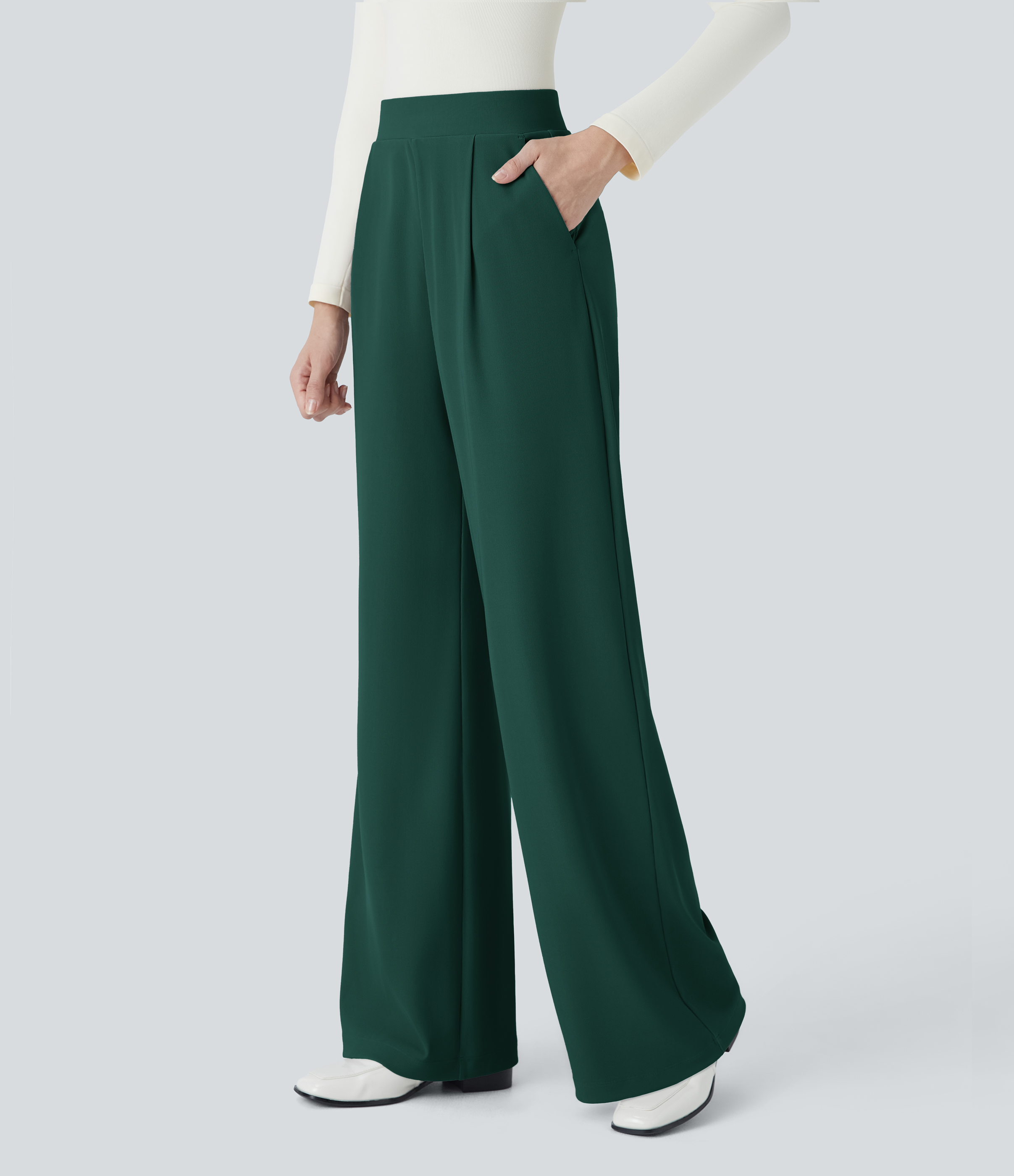 Halara Halara Flexв„ў High Waisted Body Sculpt Waist-Slimming Side Pocket Wide Leg Micro Waffle Work Pants  - Rain Forest - S(regular) 