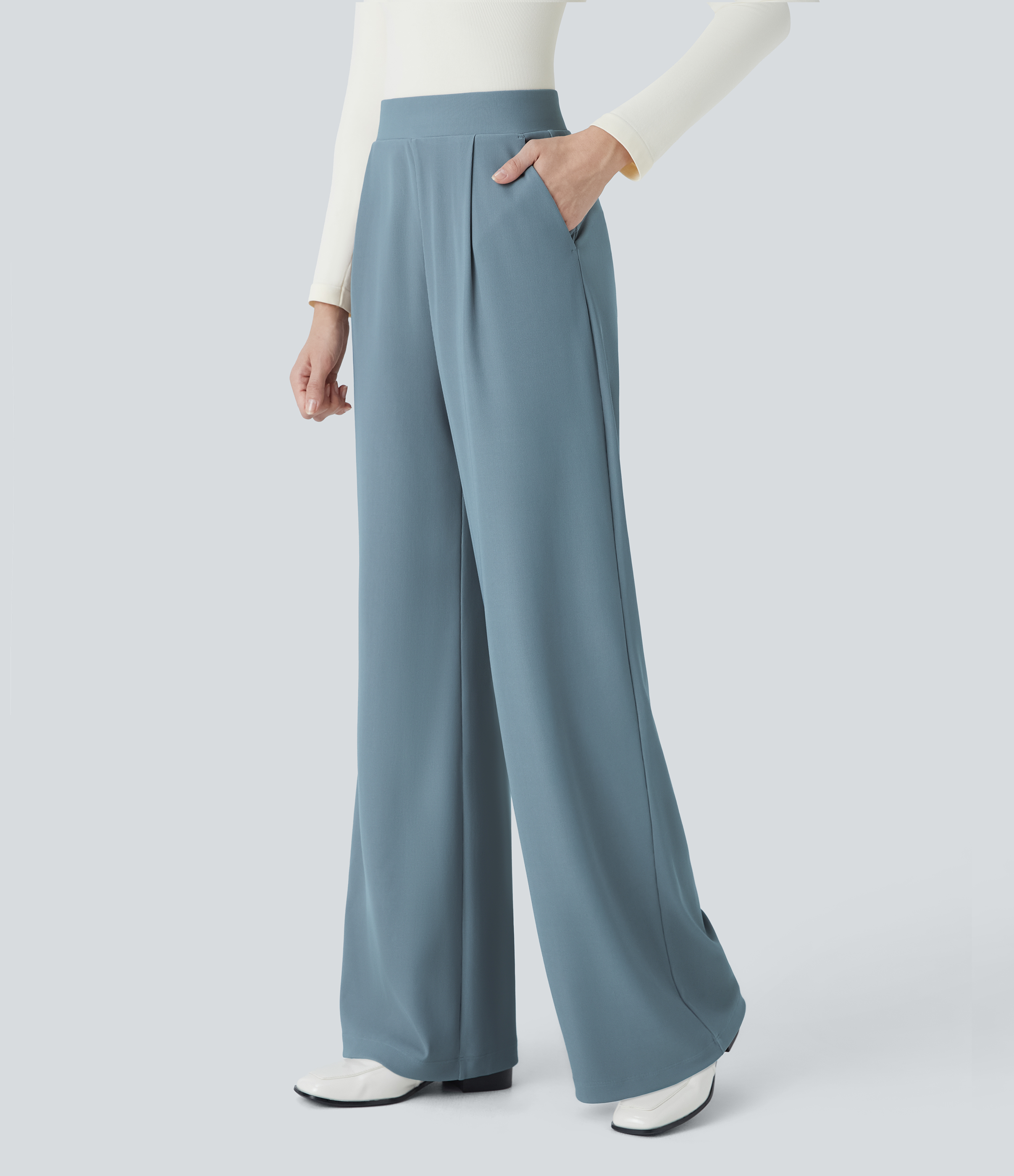 Halara Halara Flexв„ў High Waisted Body Sculpt Waist-Slimming Side Pocket Wide Leg Micro Waffle Work Pants  - Mountain Spring - XS(tall) 