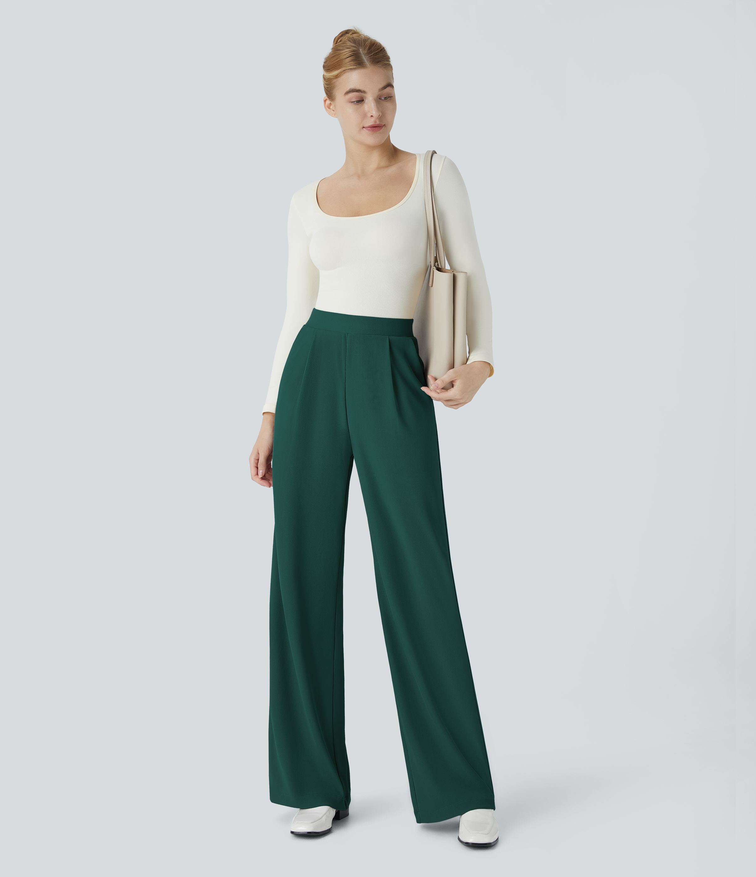 Halara Halara Flexв„ў High Waisted Body Sculpt Waist-Slimming Side Pocket Wide Leg Micro Waffle Work Pants  - Rain Forest - S(regular) 