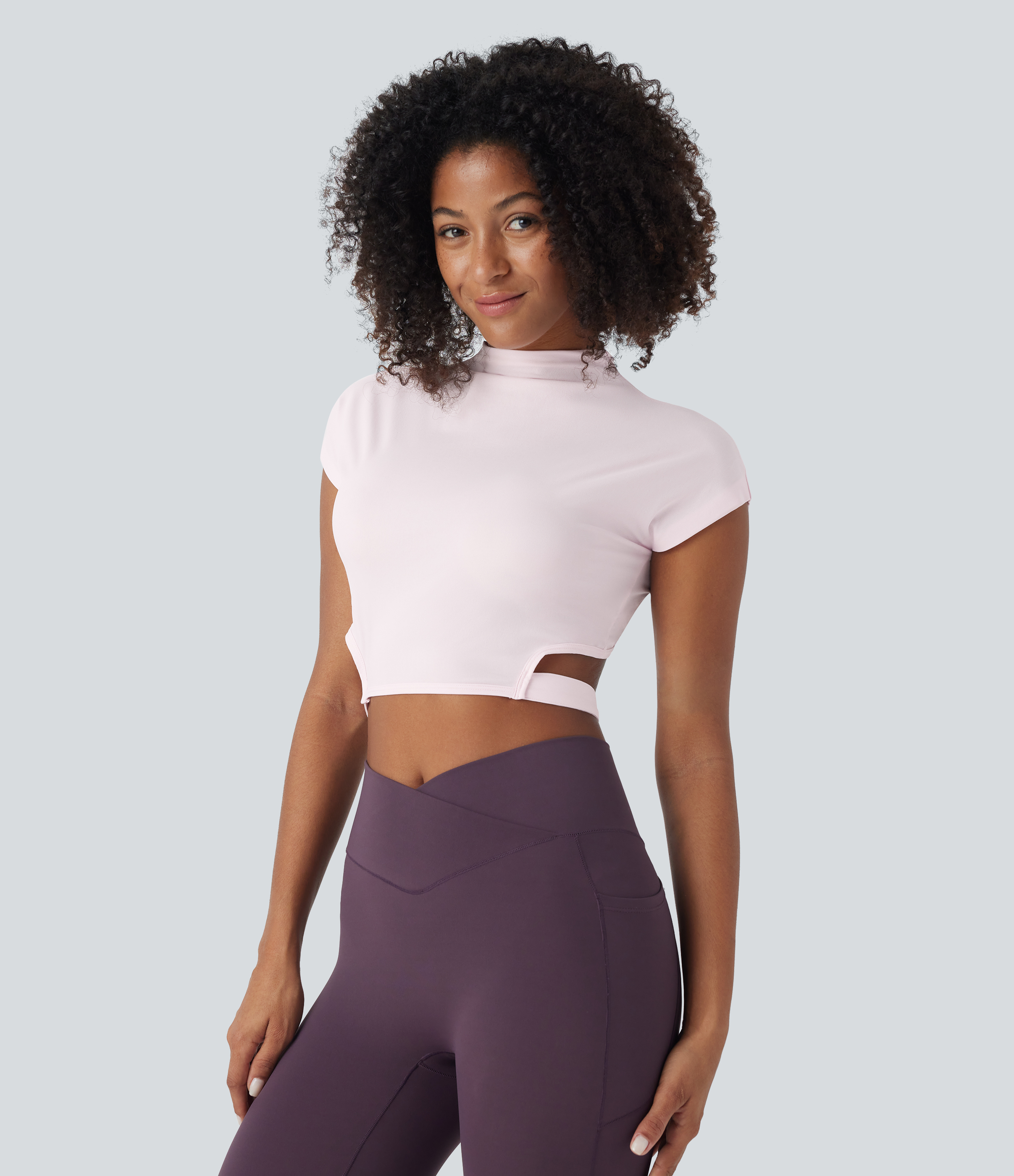 Halara Short Sleeve Adjustable Buckle Cropped Quick Dry Dance Sports Top  - Rice Pink - XL 