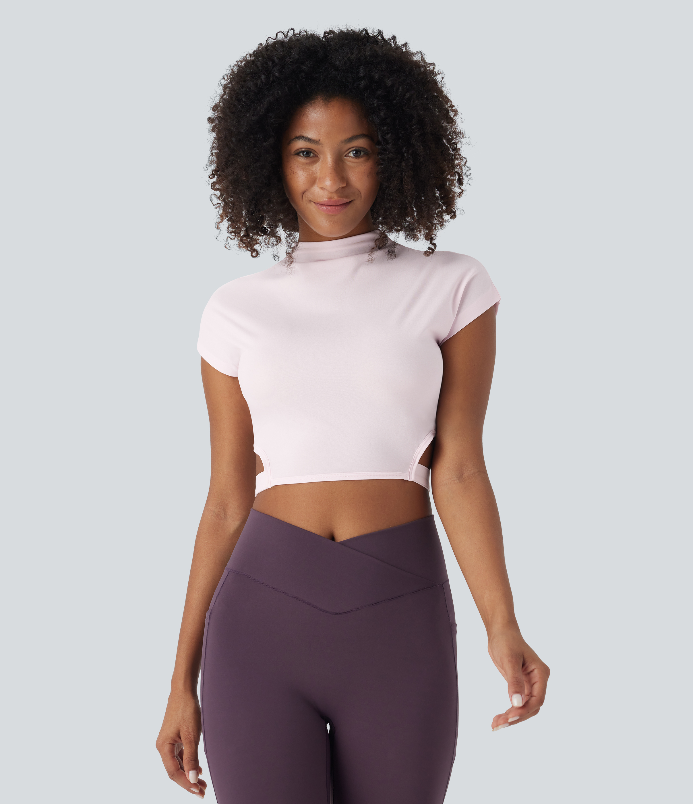 Halara Short Sleeve Adjustable Buckle Cropped Quick Dry Dance Sports Top  - Rice Pink - XL 