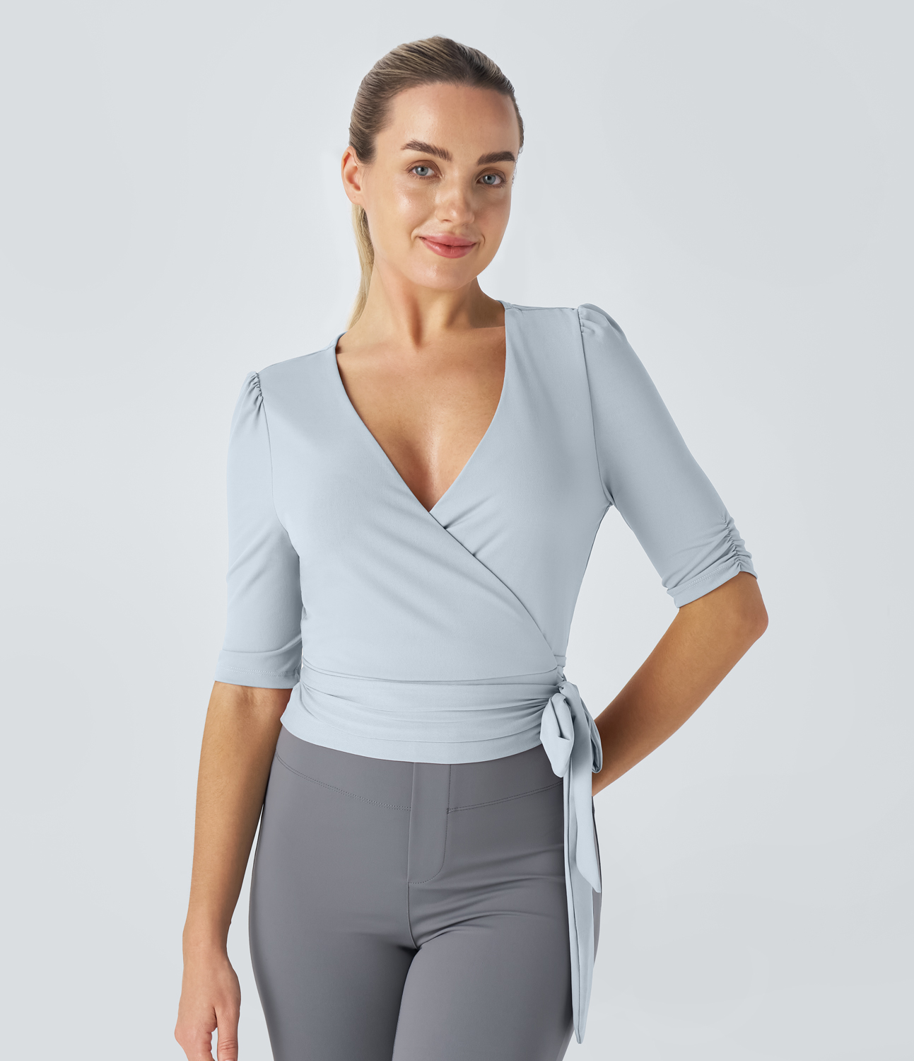 

Halara V Neck Wrapped Tie Side Work Blouse - Skyride