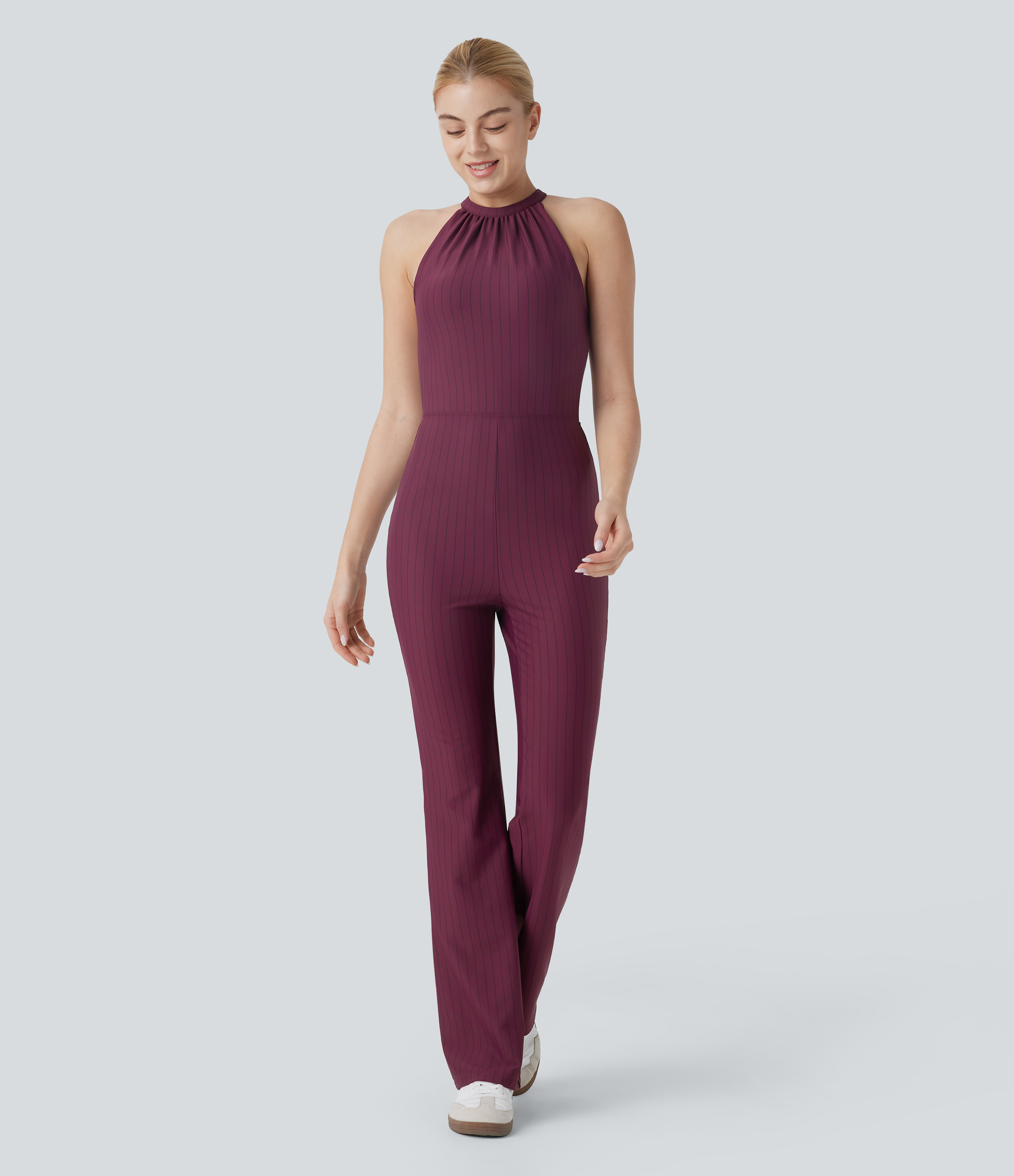 Halter Backless Bootcut Stripe Cool Touch Yoga Jumpsuit